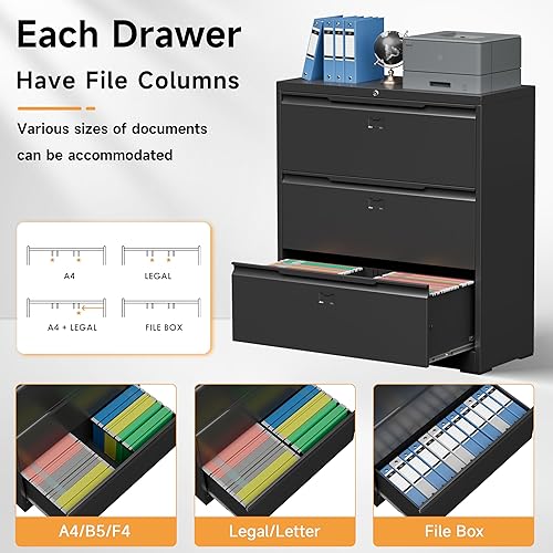 Miniatura 8 de Archivador lateral con cerradura, archivador lateral de 3 cajones para oficina y hogar, archivador ancho de acero metálico para colgar archivos,