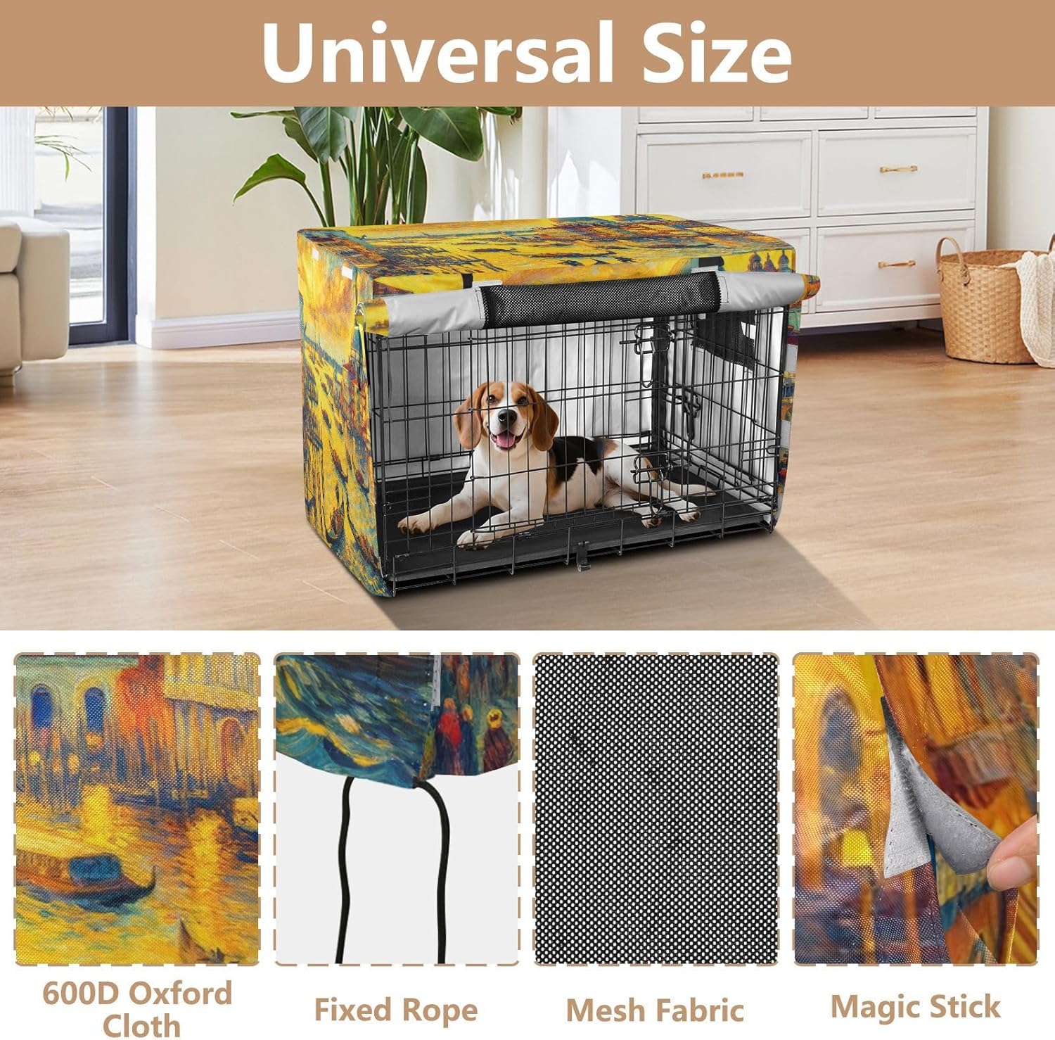 Venice Oil Painting Pet Cage Cover with Openings, Breathable Foldable Crate Cover for Travel, X-Large