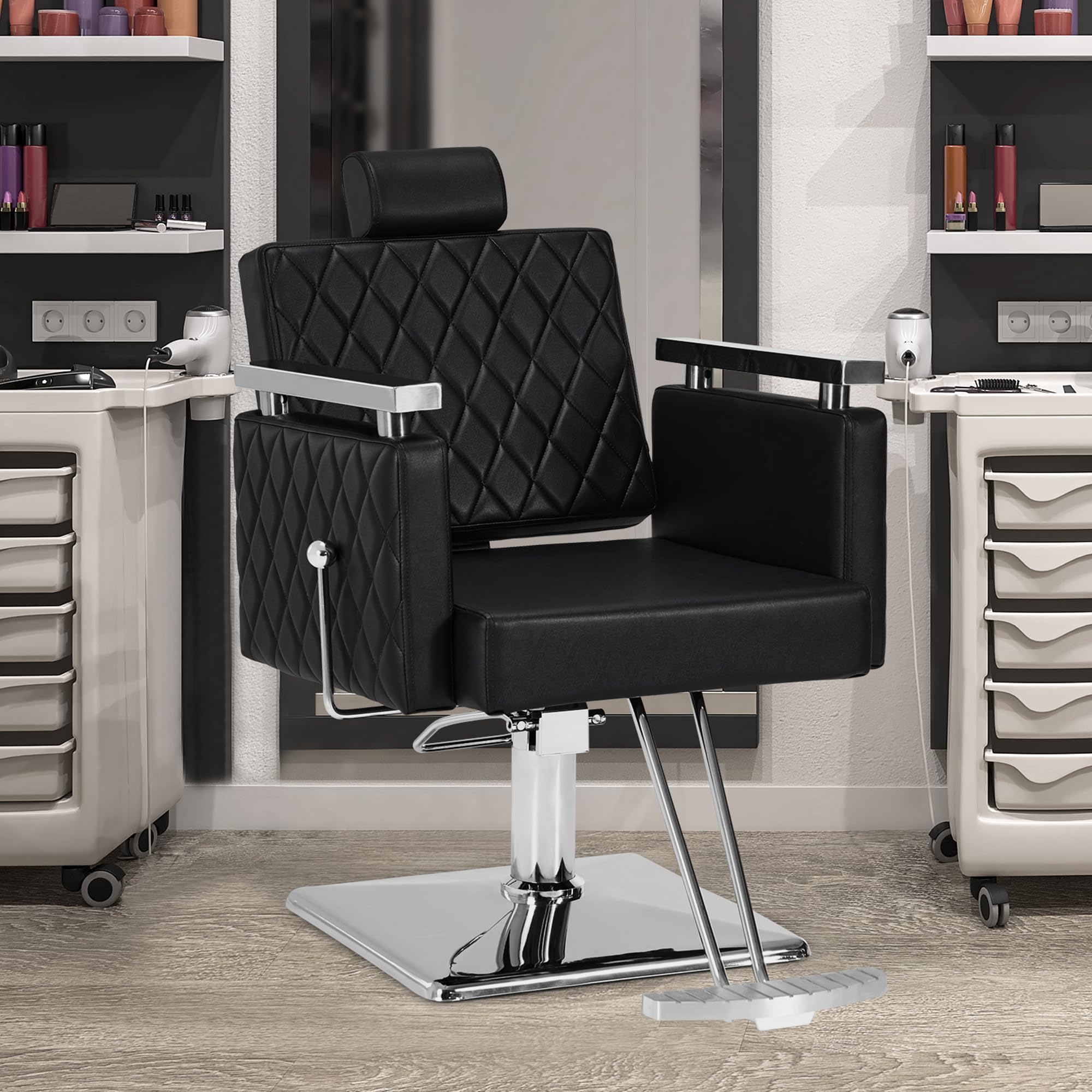 Barberpub Sedia da parrucchiere con poggiatesta inclinabile, con pompa idraulica, girevole a 360°, dispositivo da parrucchiere, regolabile in altezza, sedia per lo styling in PVC, 2073 (nero)
