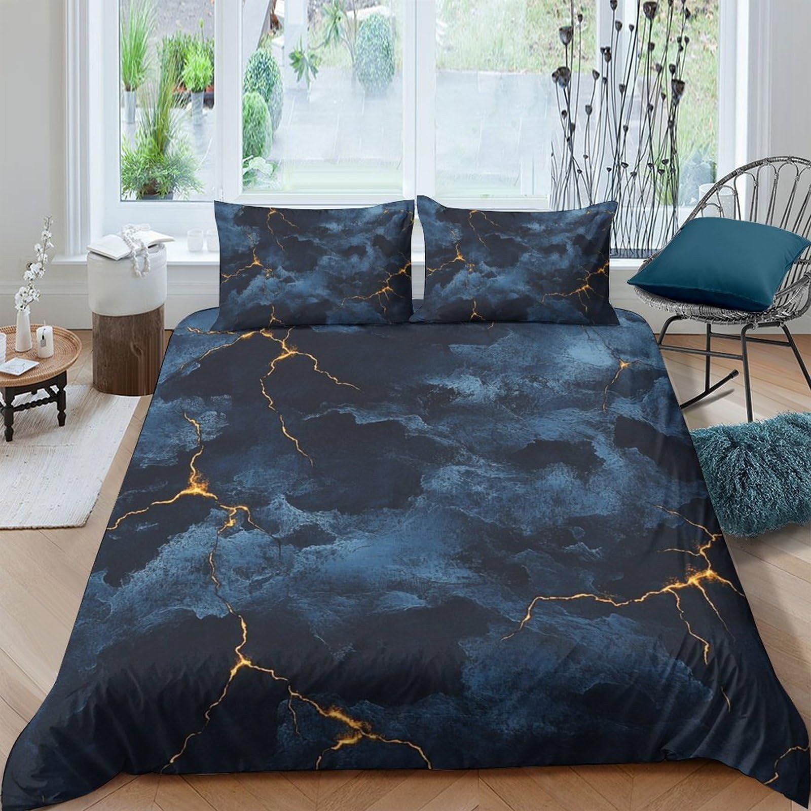 GPLZQXKJNH 3D Printed Dark Marble Duvet Cover Set Microfiber Soft Breathable Cloudy Gold Vein Bedding with 2 Pillowcases for Bedroom Single（135x200cm）