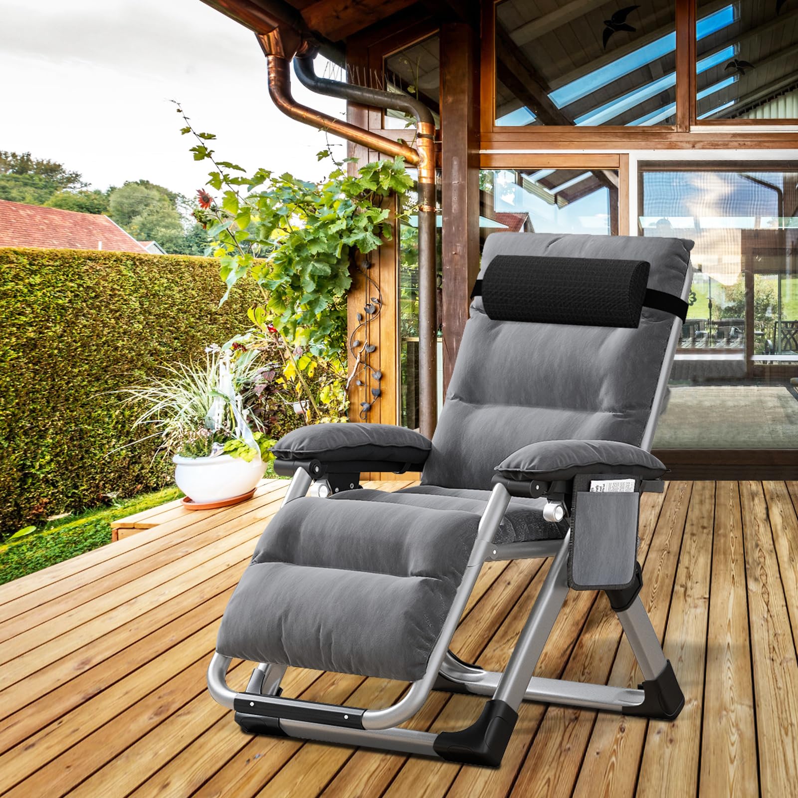 MOPHOTO Silla de gravedad cero, silla reclinable plegable con capacidad de carga de 200 kg con almohadilla y bolsillo lateral, perfecta para siesta, sala de estar, balcón, jardín, uso de asientos de