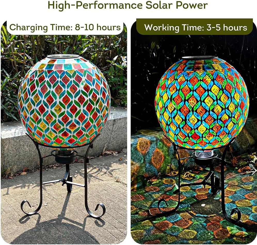 Lily's Home Solar Light Mosaic Gazing Ball Set - 10" Glass Globe with 9" Black Metal Stand - Perfect Garden Gazing Ball for Outdoor/Patio Decor, Weather-Resistant, Gift-Ready