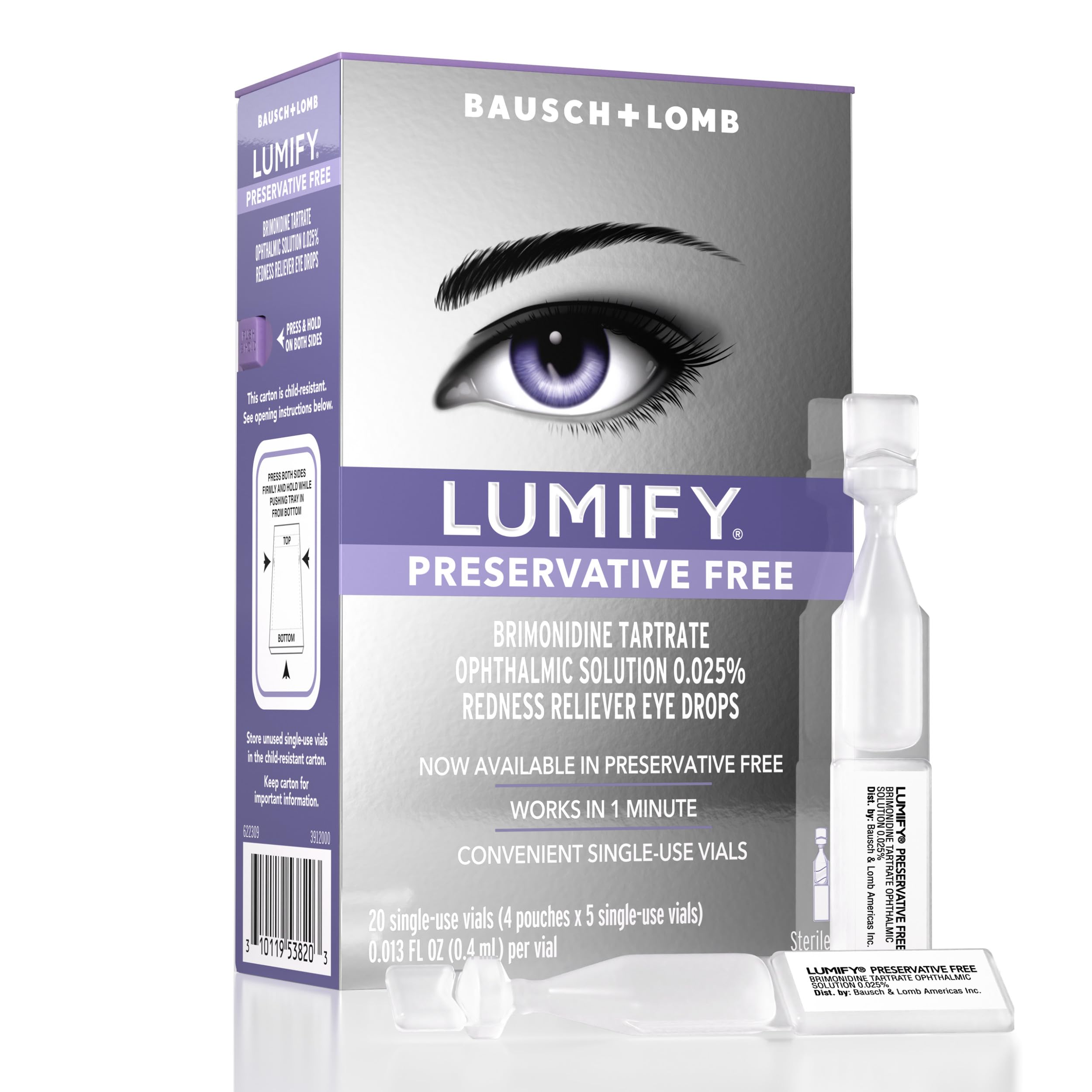 Preservative Free Eye Drops for Red Eyes, Redness Reliever for Sensitive Eye, Brighter and Whiter Looking Eyes, Works in 1 Minute & Lasts Up to 8 Hours, 20 Single-Use Vials