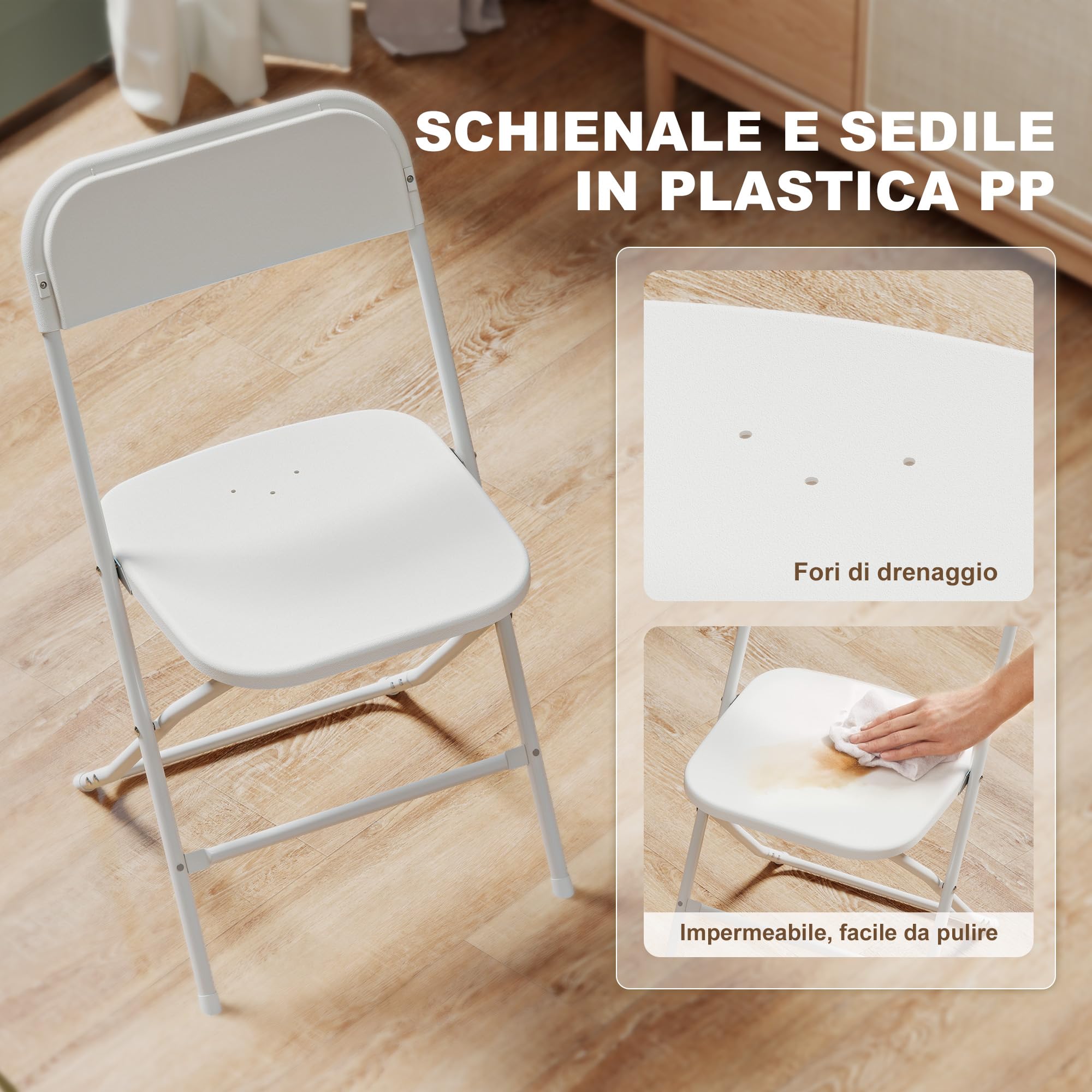 HOMCOM Set di 4 Sedie Pieghevoli in PP con Fori di Drenaggio, Sedie Richiudibili Salvaspazio Portatili in Acciaio, Sedia Pieghevole da Interno per Casa, Ufficio, Cucina, Eventi, 45x49x79.5 cm, Bianco
