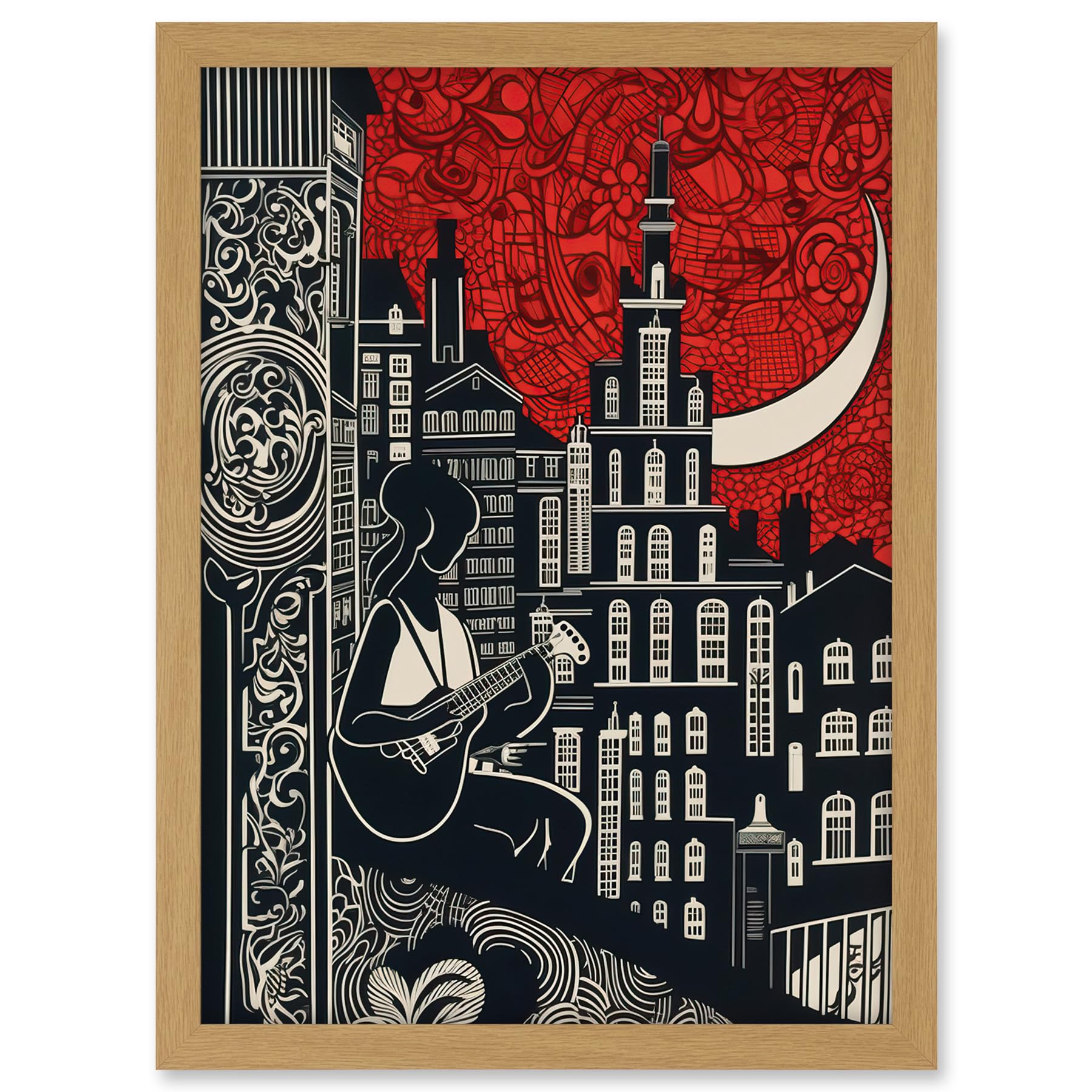 Artery8 Street Musician Guitarist in Edinburgh Cityscape Artwork Framed A3 Wall Art Print