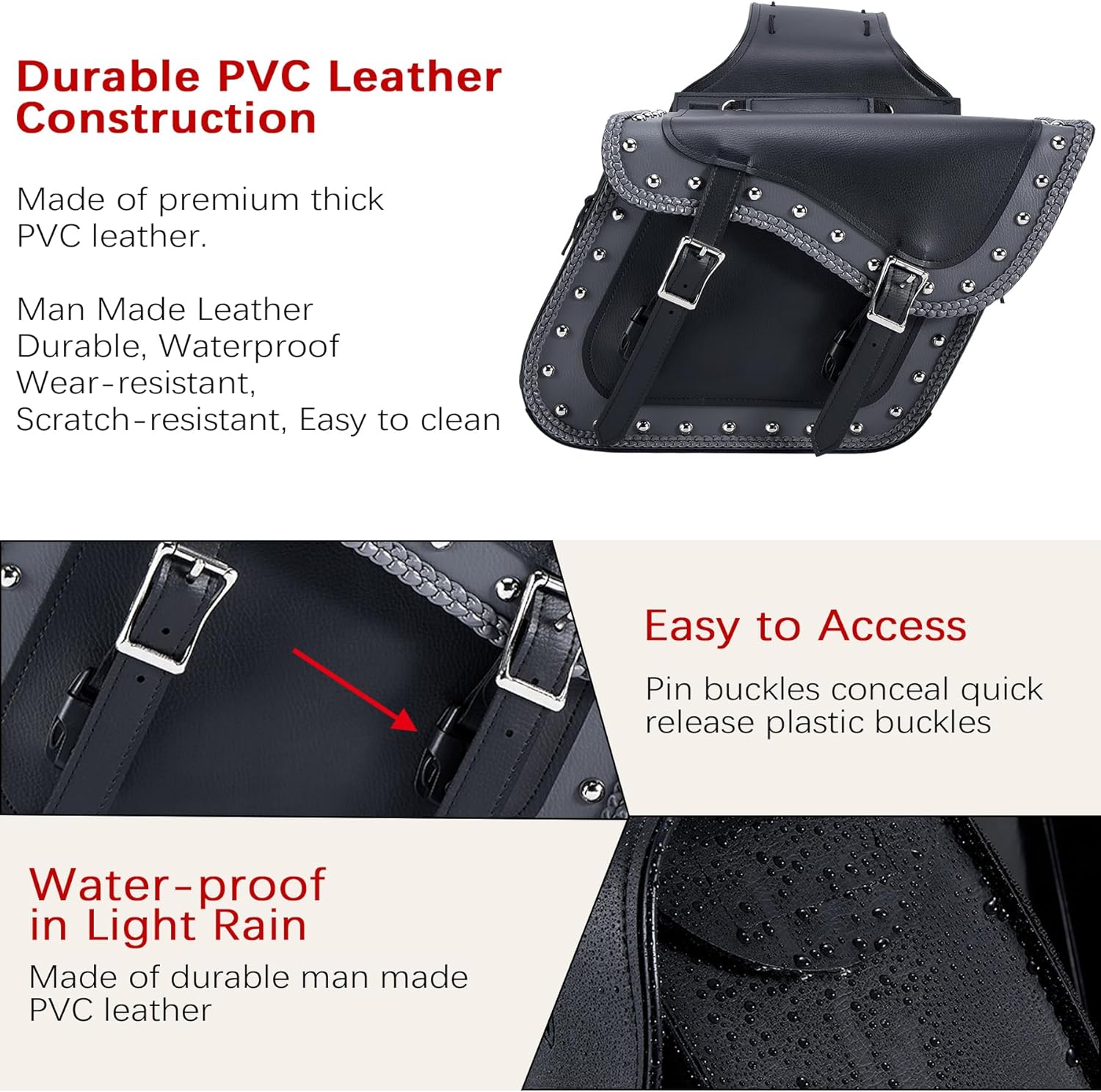 Dream Apparel Faux Leather Motorcycle Saddle Bags Studded Throw Over Saddlebags, PVC Motorcycle Side Bags for Honda Shadow Sportster Softail Dyna V-star (Black and Grey)