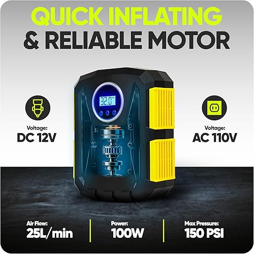 Miniatura 5 de FORTEM Tire Inflator Portable Air Compressor, Air Pump for Car Tires and Bikes, Car Tire Pump wAuto Shut Off, 150 PSI, 12V DC, LED Light, Carrying