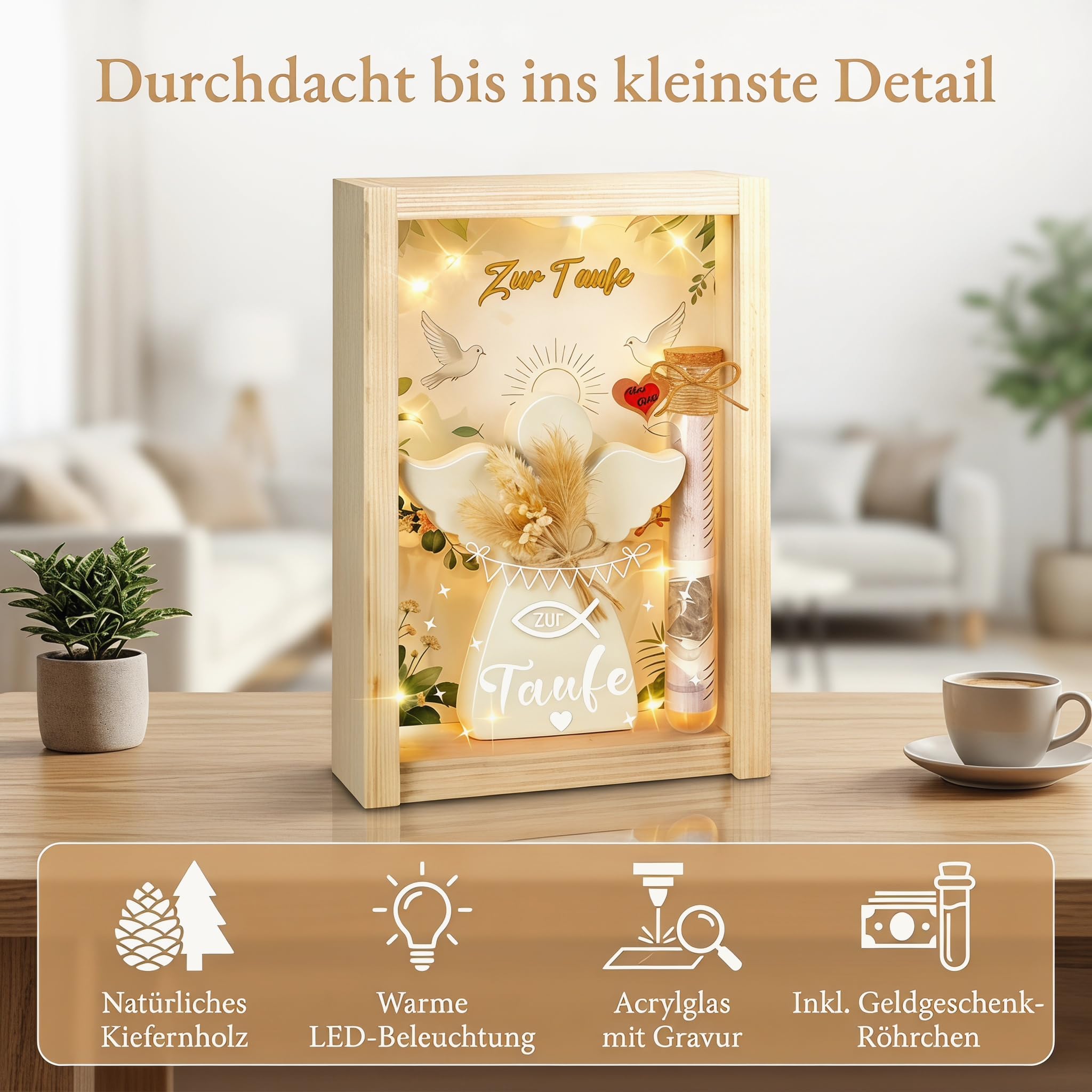 Taufgeschenke für Mädchen Jungen, Taufe Geschenk mit LED, Getrocknete Blumen,Holzbox, Taufkarte, Engel und Fische, Kreative Geschenke zur Taufe