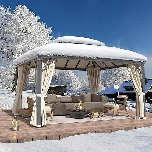 Miniatura 7 de YOLENY Gazebo de techo rígido de 12 x 14 pies, glorieta permanente de aluminio para exteriores con techo de arco doble compuesto de aluminio para