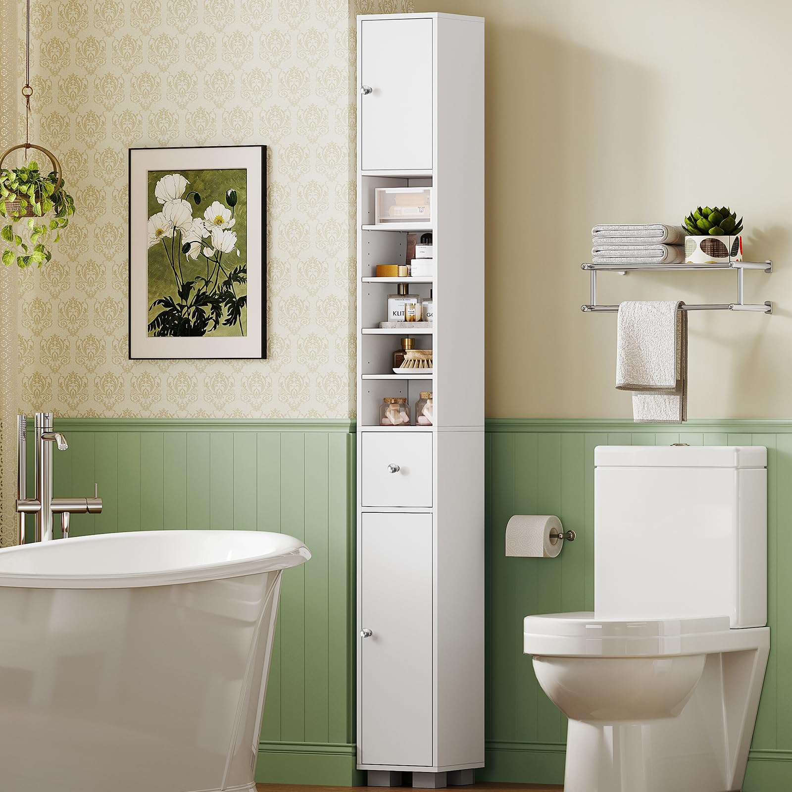 Bathroom Cabinet, Narrow Bathroom Storage Cabinet with 5 Adjustable Shelves & Drawer, Freestanding Cupboard for Small Spaces, White