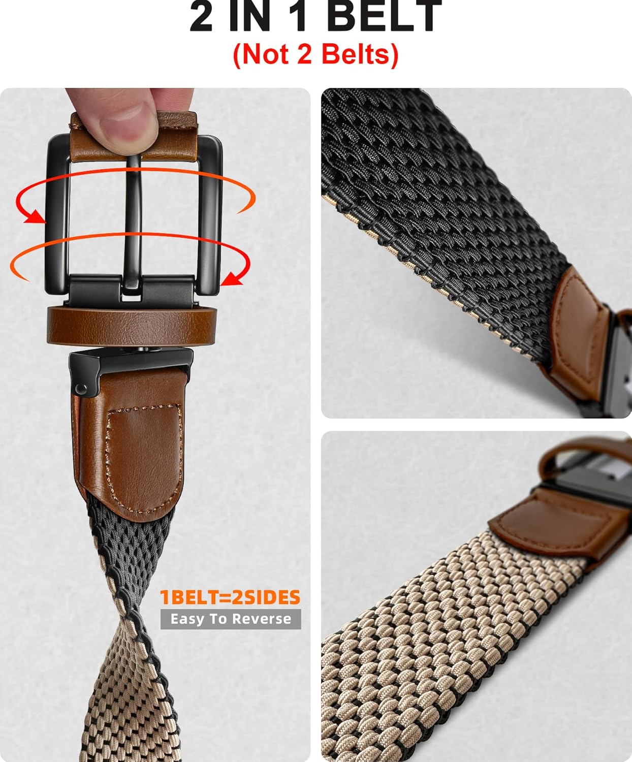 BULLIANT Men Belt Rerversible Golf Belt Stretch Braided for Gift Men 1 3/8"-2 In 1 Belt - Image 2