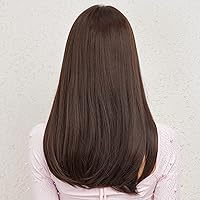 Vista 110 de HAIRCUBE Peluca de color marrón a rubio con flequillo para mujer, peluca de cabello largo ondulado marrón y rubio, pelucas sintéticas rizadas