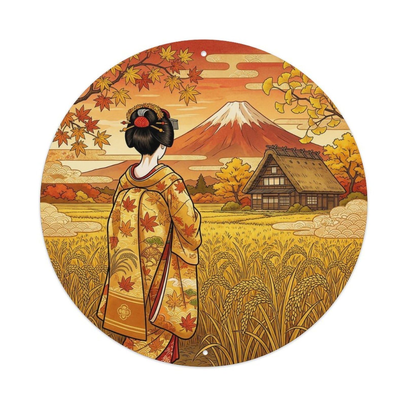Yrnq 8X8inch Vintage Style Japanese Geisha Harvest Season Rice Field Heritage Motif Metal Tin Sign