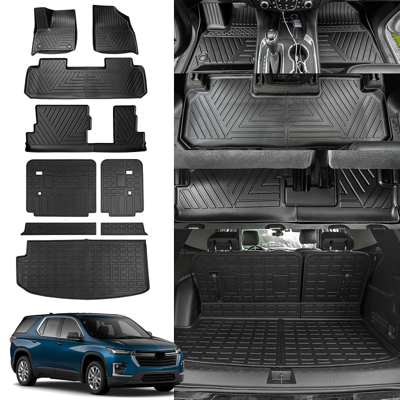 Jogo de tapetes, forro de porta-malas e protetores do encosto traseiro em TPE Rongtaod para Chevrolet Traverse 2018–2023, 8 lugares