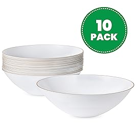[16 OZ 10 Count] White Plastic Floral Design Party Soup bowls With Gold Rim Premium heavyweight Elegant Disposable Tableware Dishes