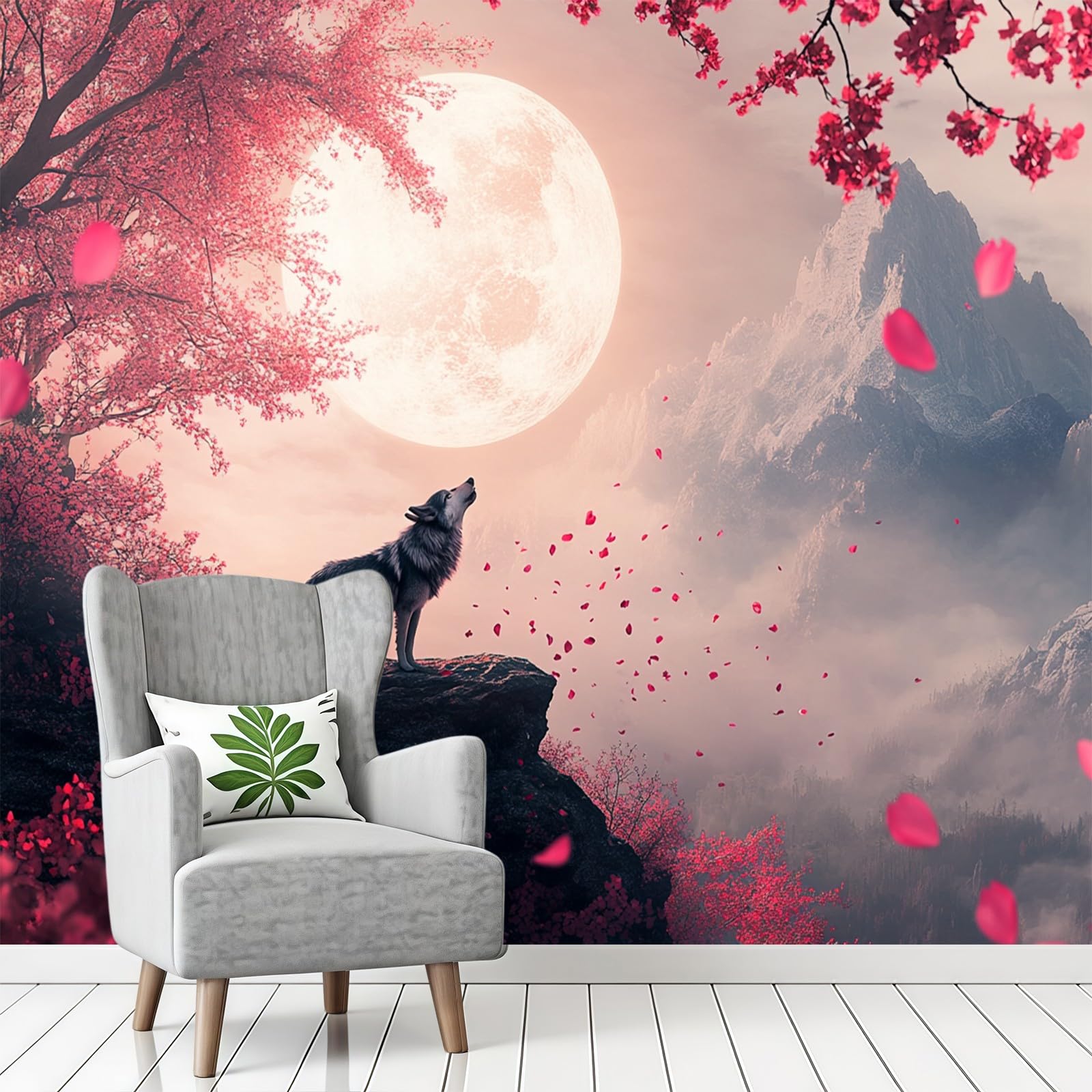 Papier peint loup et fleurs de cerisier panoramique intissé de 200 x 140 cm pour salon moderne