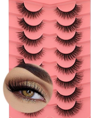 Pestañas postizas de visón natural, pestañas rizadas de 0.59 pulgadas, pestañas postizas 5D con volumen aleteado de ojo de gato, paquete de 8 pares