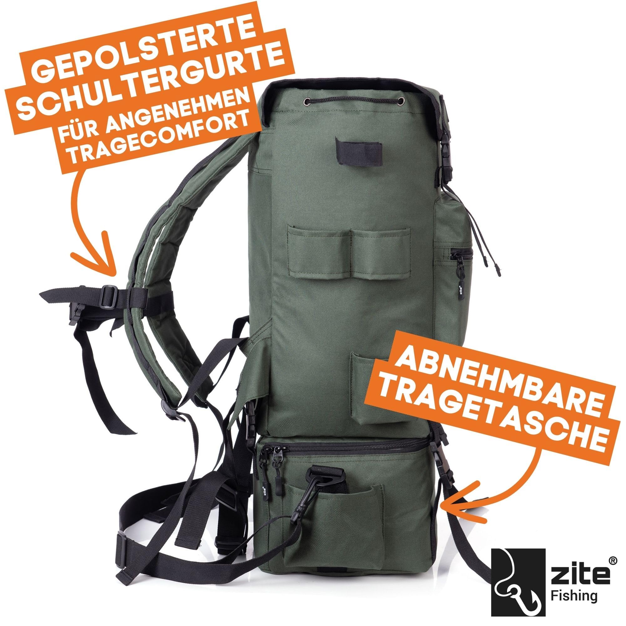 Zite Fishing Angelrucksack mit Rutenhalter & Abnehmarem Kühlfach - Angeltasche 55x30cm Gepolsterte Schultergurte - Spinnfischen & Ansitz Angeln, Angel Rucksack Fishing Backpack, Angler Rucksack angeln
