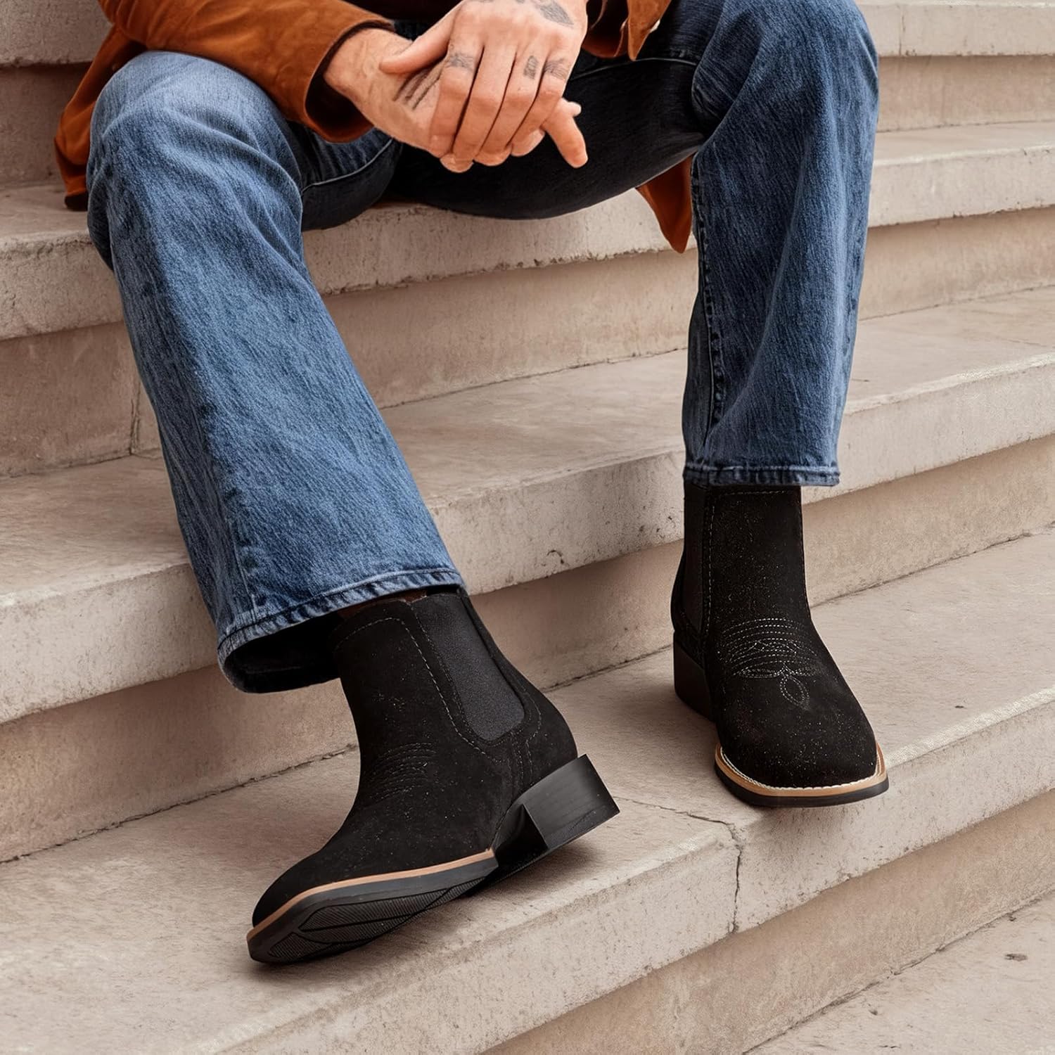 Western Cowboy Boots for Men - Mens Square Toe Chelsea Boots Ankle Cowboy Boots for Men Casual Retro Stylish Boots - Image 2