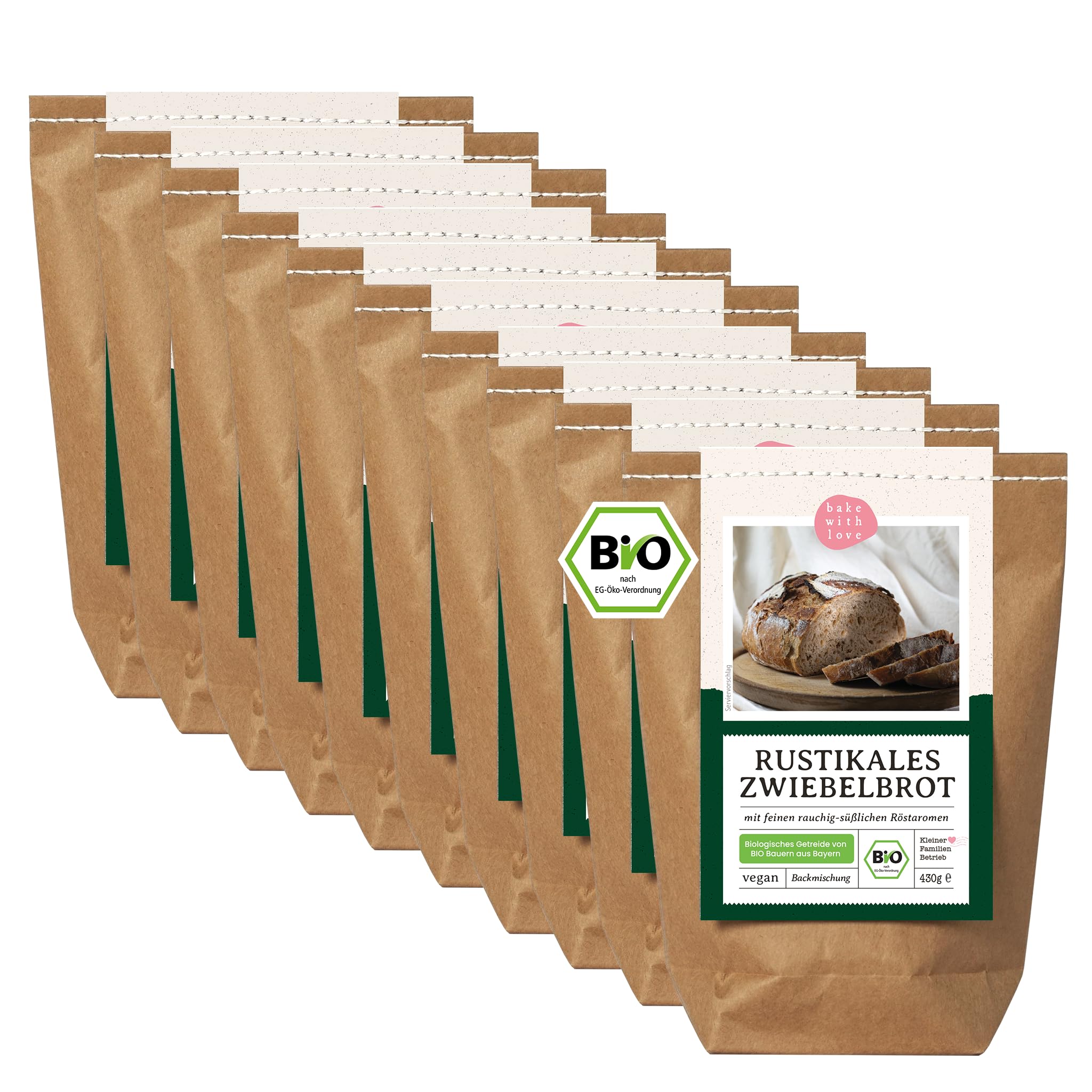 Bio Brotbackmischung Rustikales Zwiebelbrot – mit Röstzwiebeln – herzhaftes Bio Brot ideal für Grillen, Brotzeit & Ofen – auch für Brotbackautomat – Bake with Love – 10er Pack
