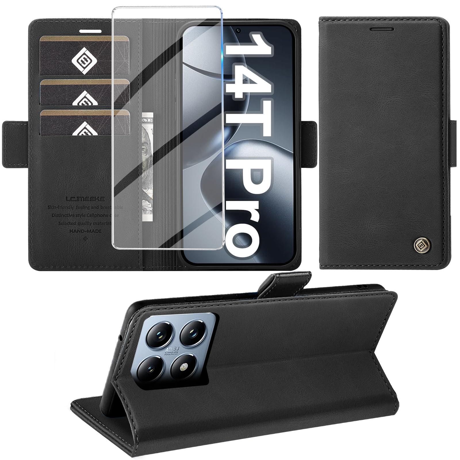 Giyer für Xiaomi 14T Pro 5G Hülle mit Schutzfolie, Handyhülle PU Leder Wallet Flip Case, Schutzhülle für Xiaomi 14T Pro 5G Klapphülle Tasche Kartenfach Standfunktion (Schwarz)
