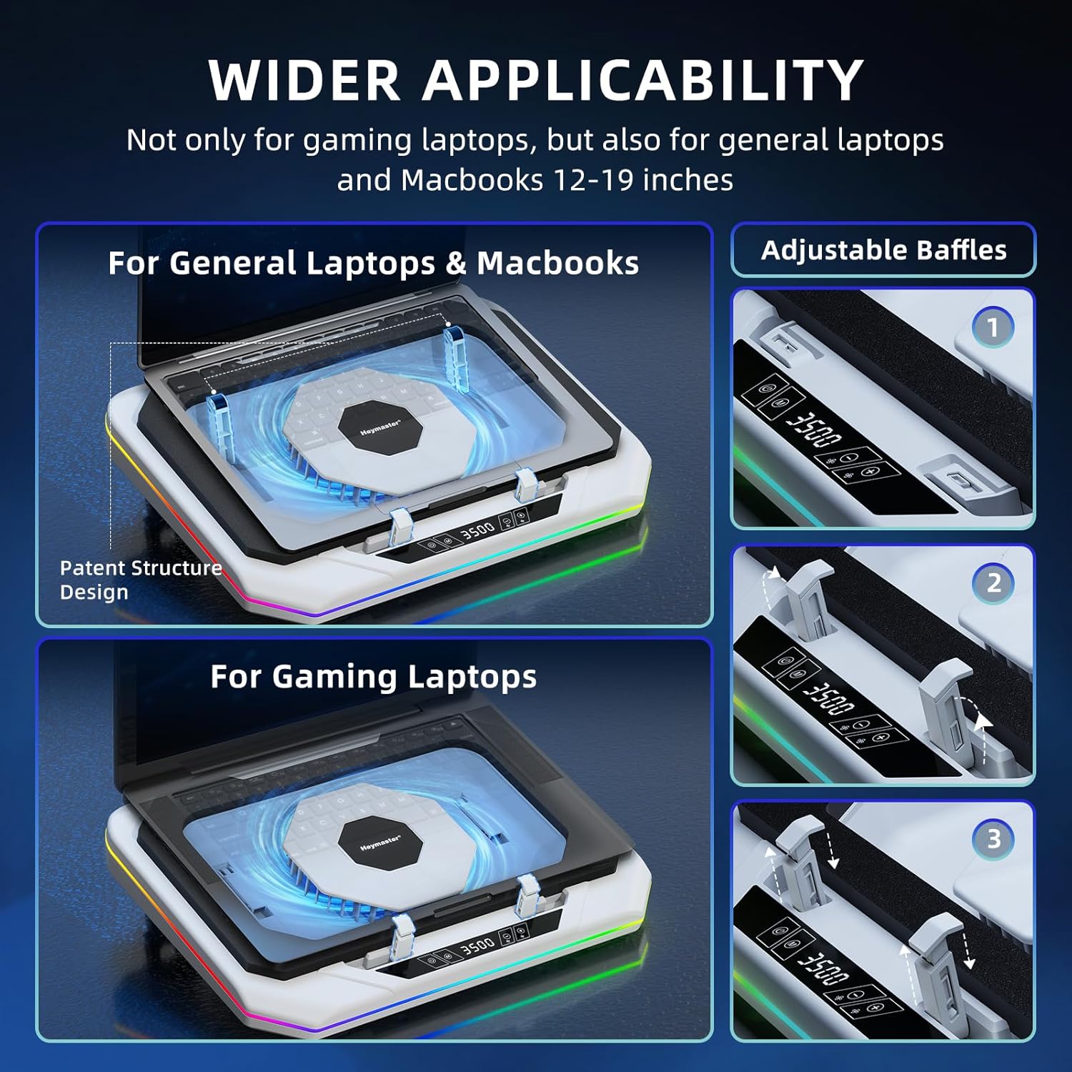 RGB Gaming Laptop Cooling Pad, 3500 RPM Powerful Turbofan Laptop Cooler, 3 Port USB Hub, LED Screen and Touch Control Adjustable for 12-21 Inches Laptops