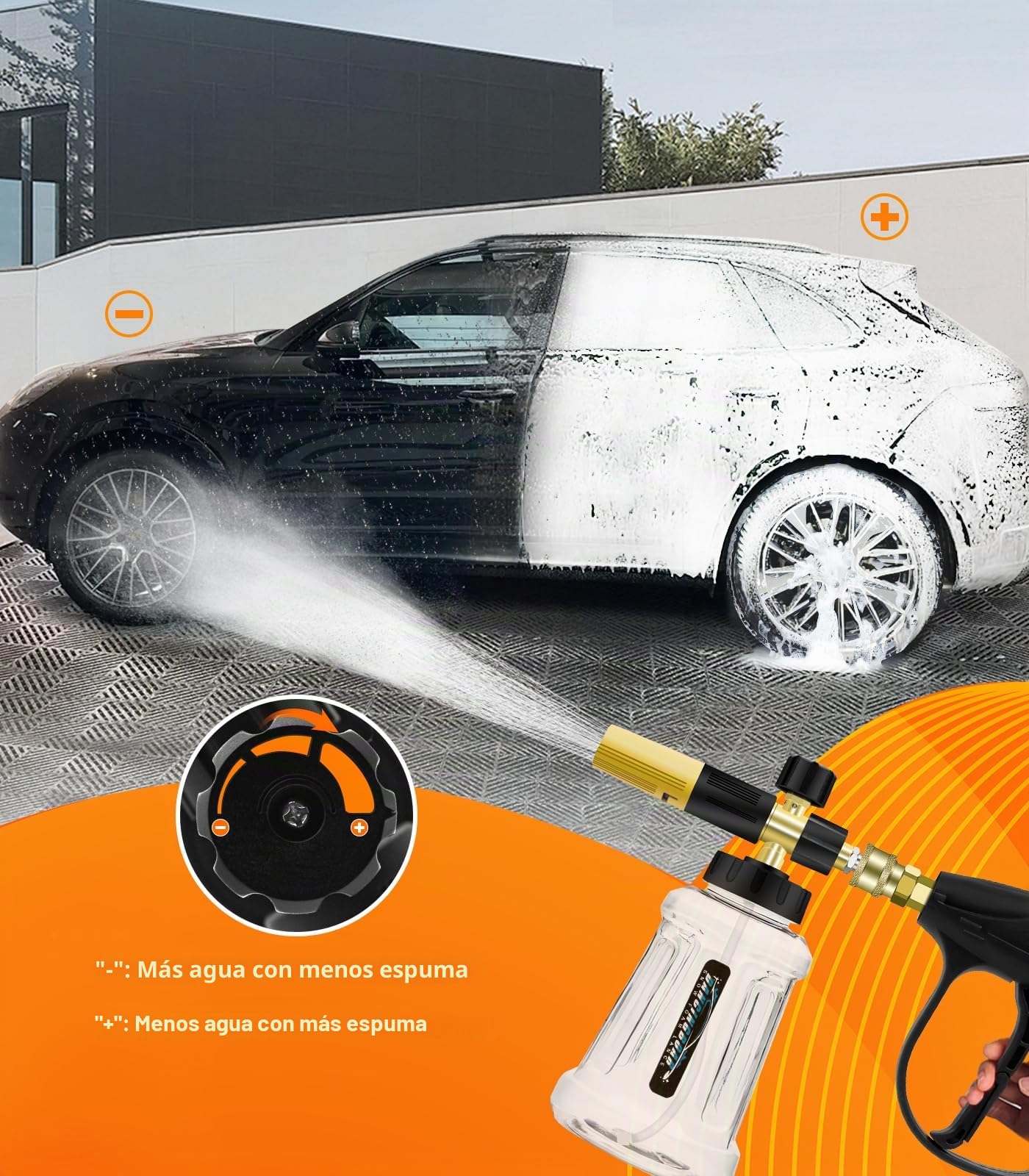 Lanza de Espuma de Nieve Compatible con Pistola Hidrolimpiadora de 1/4 de Conexión Rápida, Dispensador de Jabón Ajustable de 1L con Boquilla Pulverizadora de Nueva Generación (Negro y Amarillo)