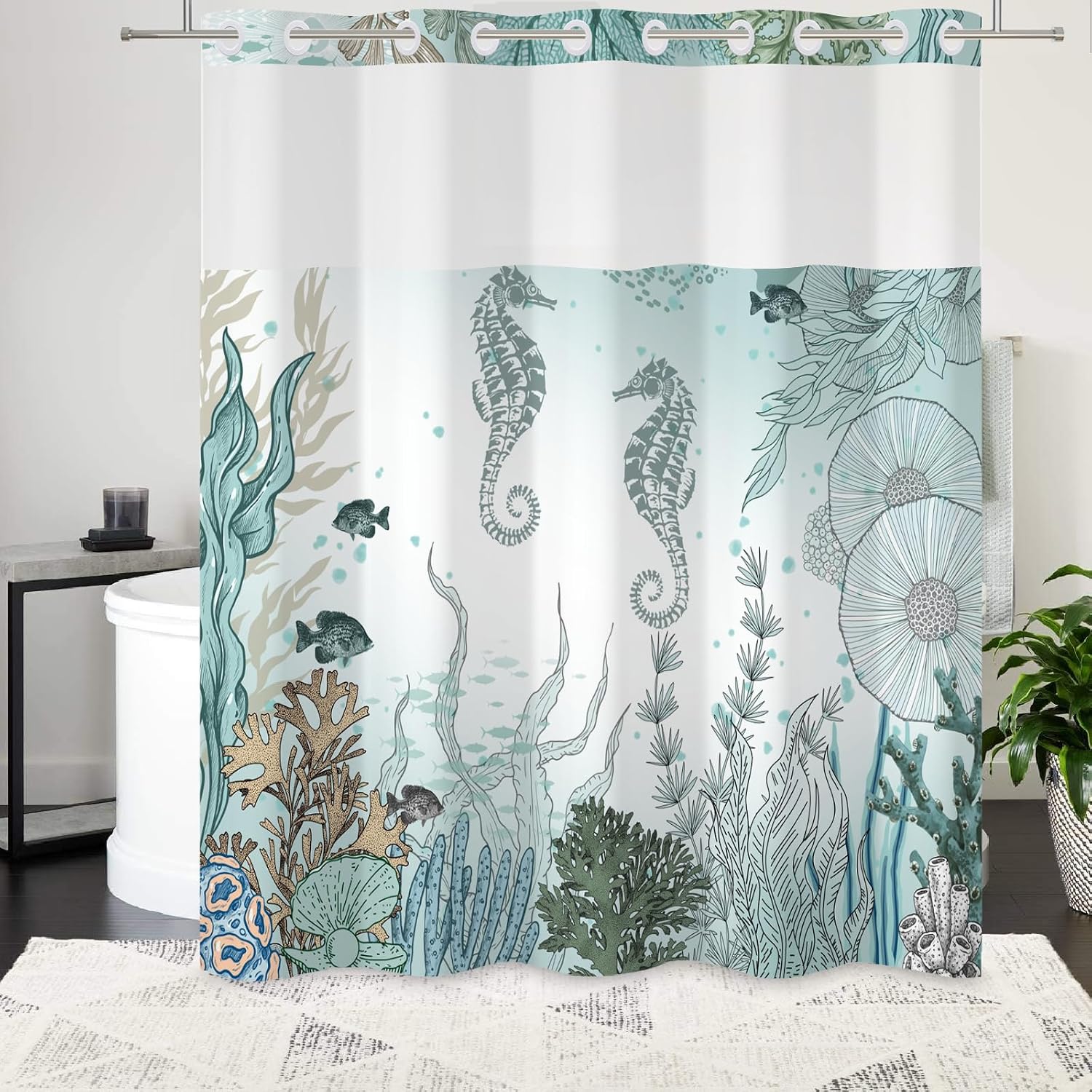 No Hook Ocean Shower Curtain and Liner Set - 71W x 71H Waterproof Bath Curtain Seahorses and Coral Reefs Decor for Modern and Nautical Bathroom with Mesh Top