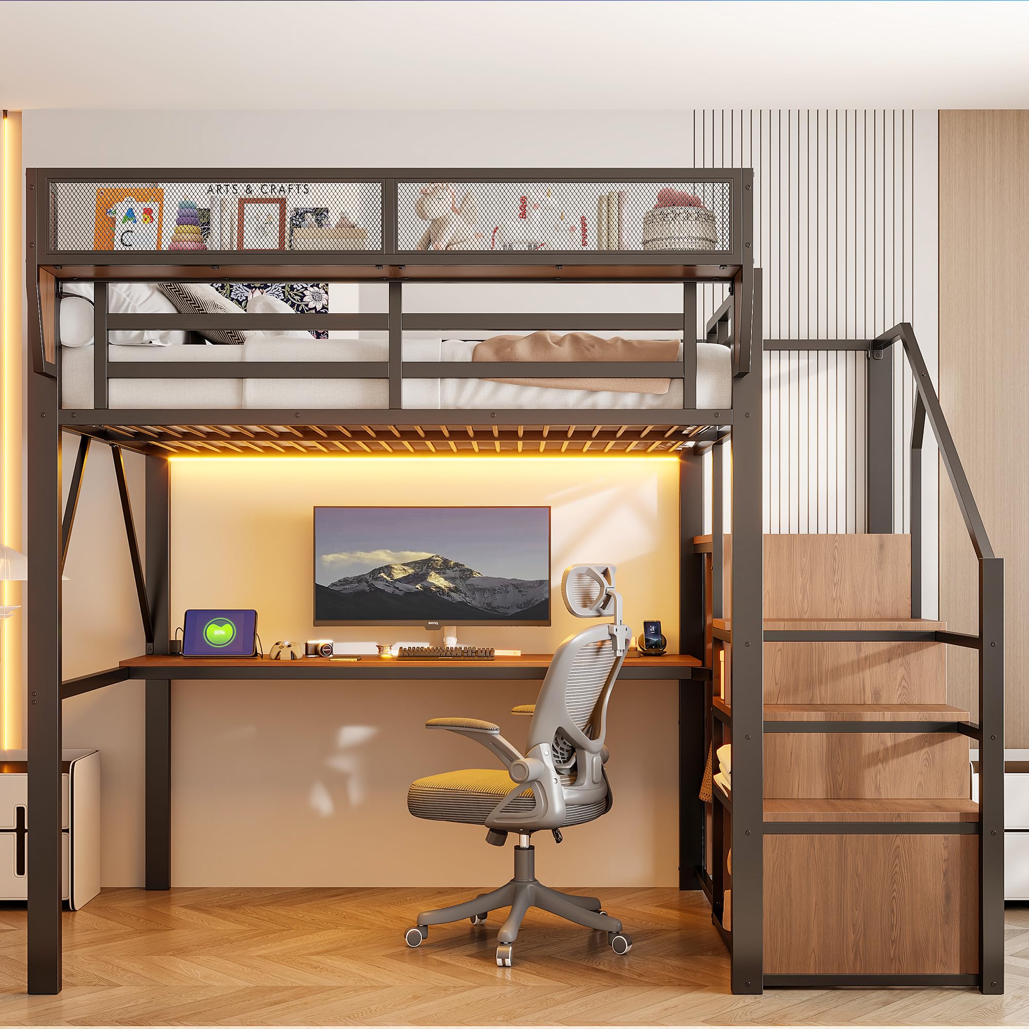 Lit Mezzanine 140 x 200 cm,Eclairage LED,Bureau,Escalier Sécurisé et Espaces de Rangement