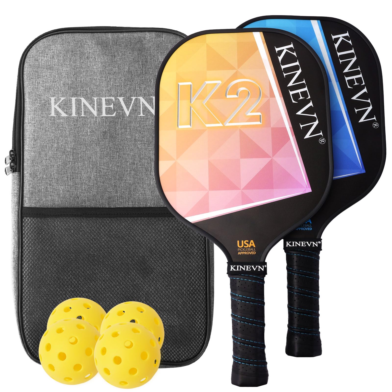 KINEVN Pickleball Paddles,USAPA Approved Fiberglass Pickleball Paddles Set of 2,Lightweight Pickleball Rackets Gifts for Beginners