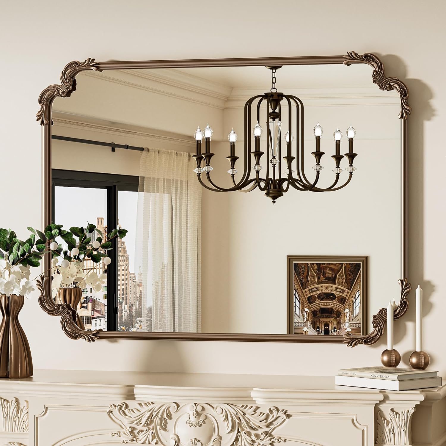 TETOTE Baroque Gold Antique Brass Rectangle Scroll Wall Mirror 40 x 30 Vintage Rounded Corner Framed Baroque French Rectangular Mirror for Mantle Fireplace Bathroom Living Room, Horizontal/Vertical 30"L x 40"W Rectangle Antique Gold