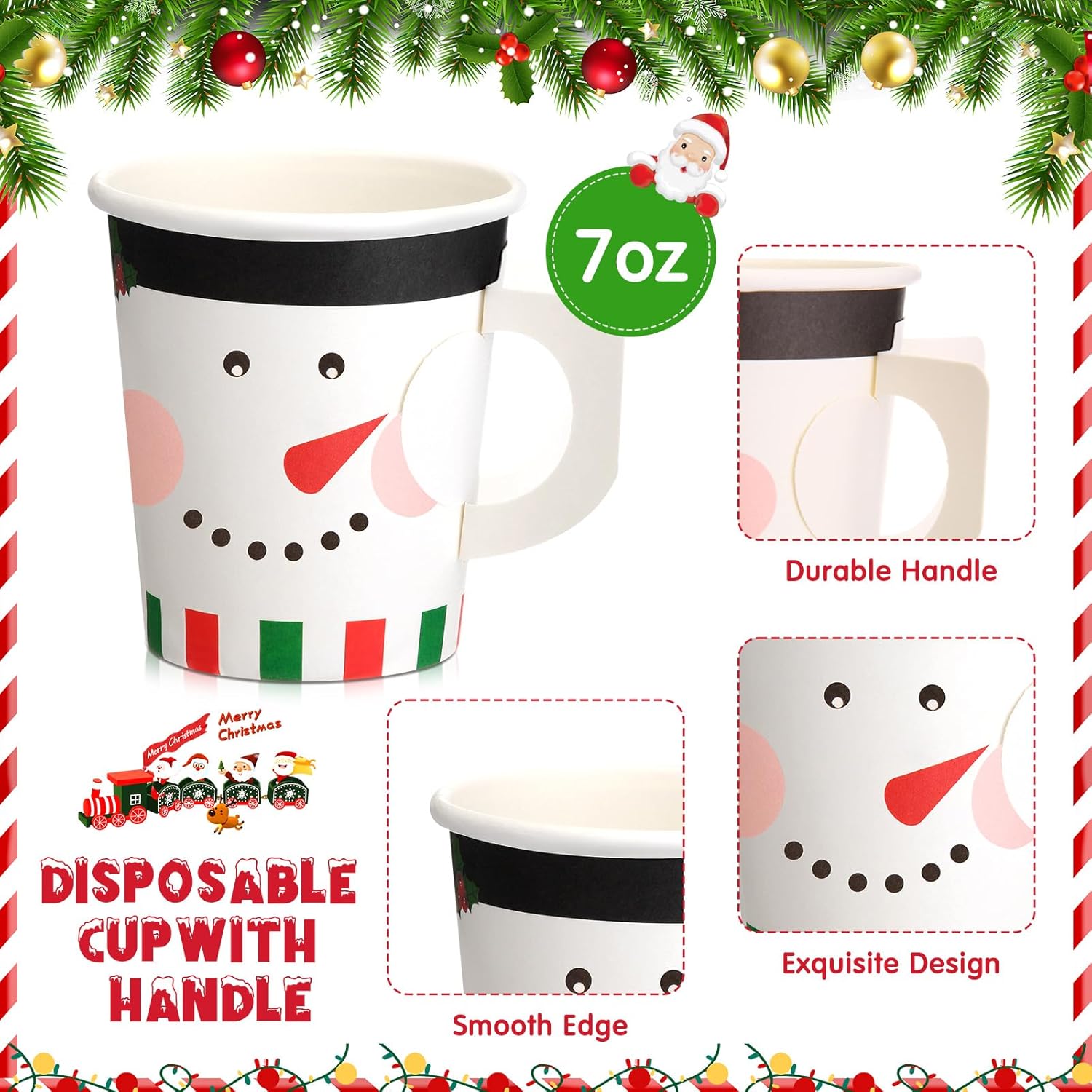 Maxcheck 100 Pieces Christmas Paper Cups with Handle 7 oz Holiday Disposable Cups Drinking Hot Chocolate Coffee Cup for Xmas Daily Use Bar Accessories Party Decoration (Snowman)