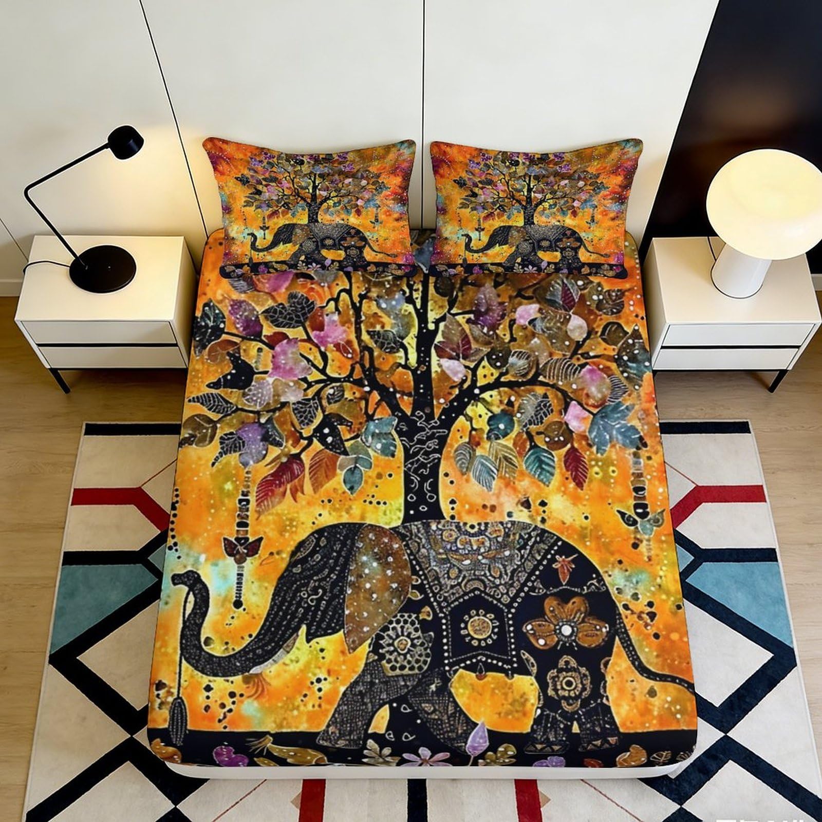 3D Printed Elephant Tree Fitted Sheet Microfiber Orange Yellow Artistic Mattress Cover for Bedroom Dorm Bed Decoration 200x200x25cm