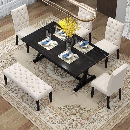 Merax 6 Piece Kitchen Dining Table Set, 72 inch Wooden Rectangular Table with 4 Upholstered Chairs and a Bench, Dining Room Table Set for 6 People, Living Room Furniture(Espresso +Beige)