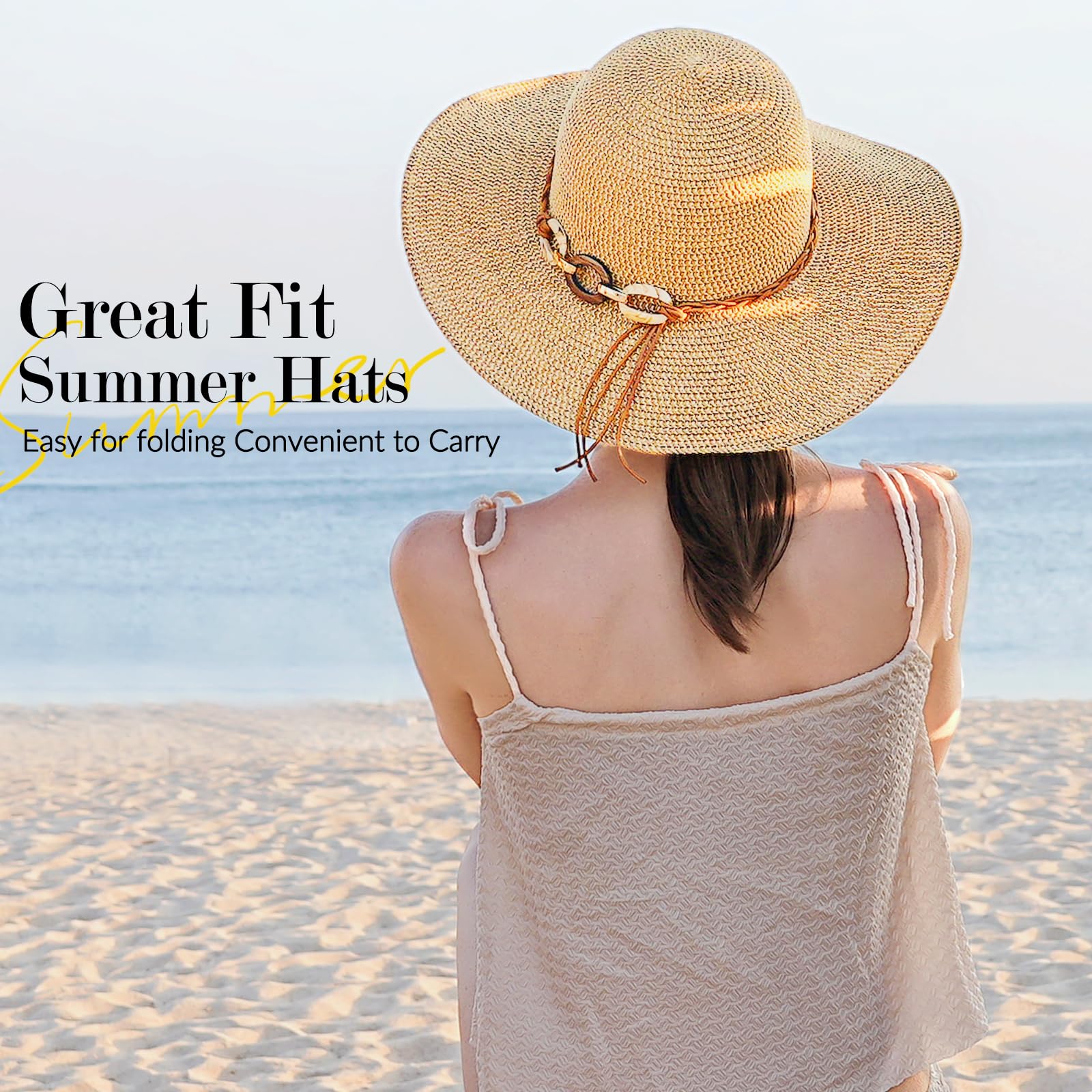 Beach Sun Hats for Women - Wide Brim Straw Womens Summer Hat with Wind Lanyard Roll Up, Foldable Beach Hat UV Protection