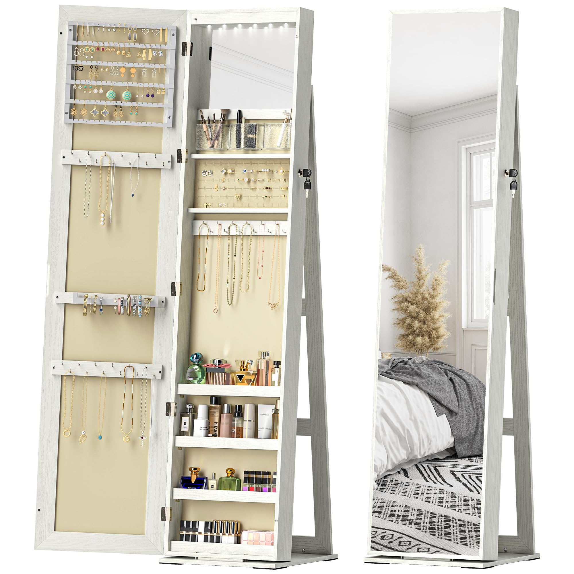 HOMCOM HOMCOM Espejo Joyero de Pie Armario Joyero con Luces LED y Cerradura Armario de Joyas con Espejo Integrada para Dormitorio Blanco con Veta de Madera