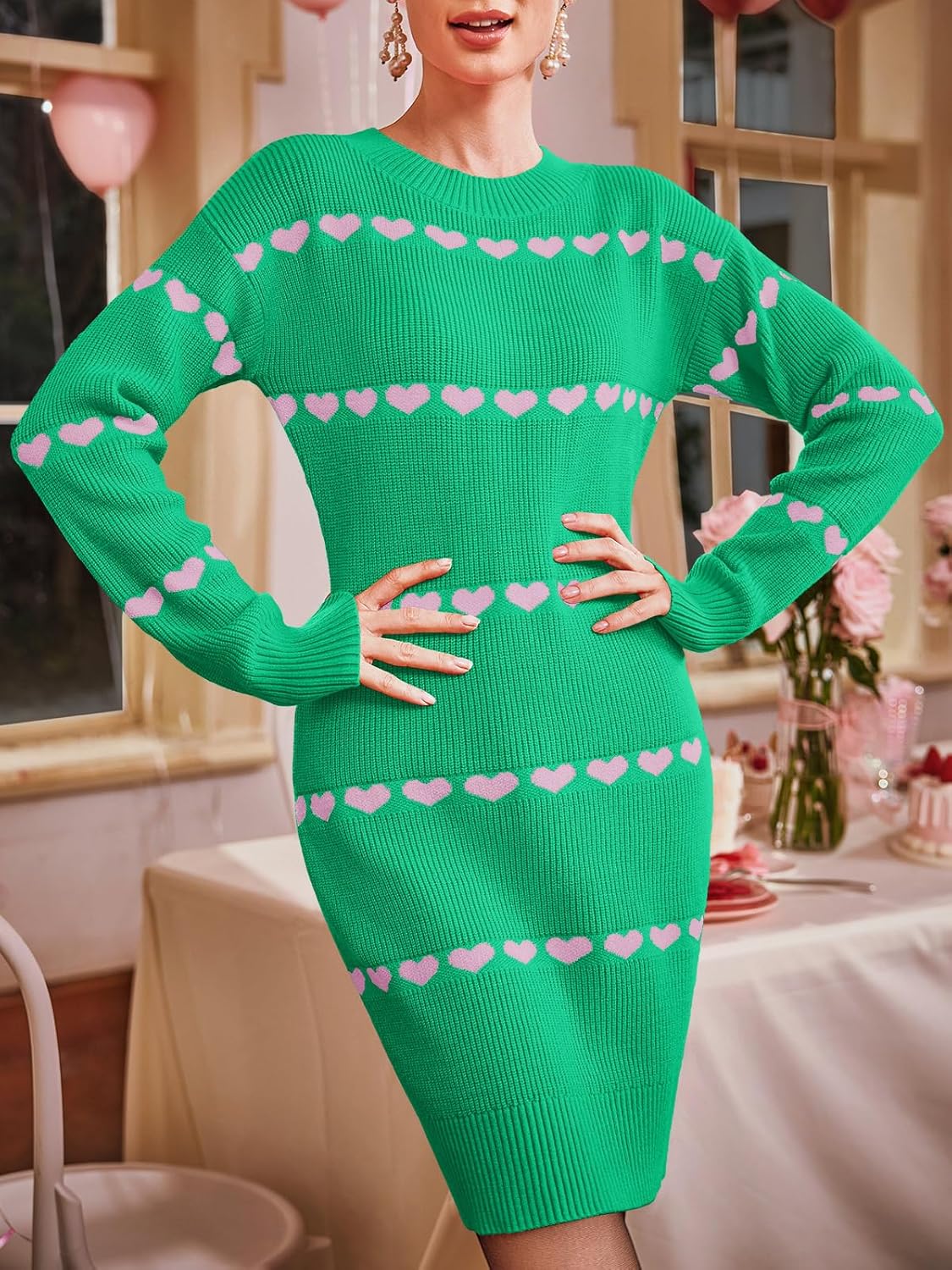 Wenrine Womens Long Sleeve Sweater Dress Fall Knit Heart Crewneck Cute Valentines Bodycon Mini Dresses - Image 3