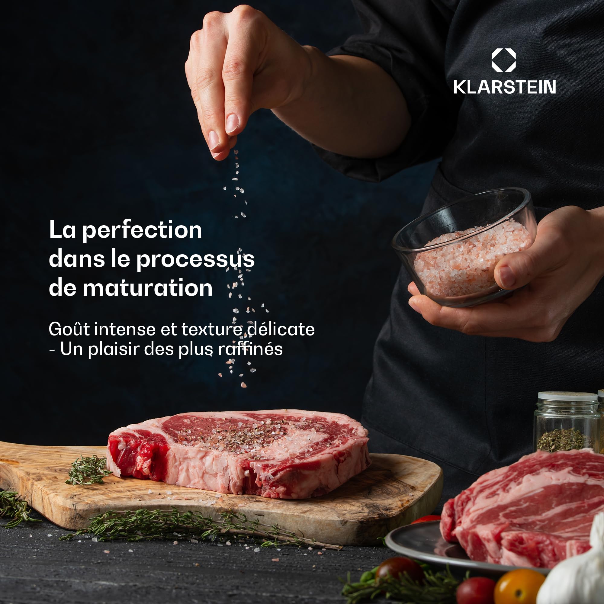 KLARSTEIN Cave de Maturation de Viande, 88L Frigo Vieillissement Viande avec Contrôle Température & Humidité, Éclairage UVC Antibactérien, Panneau Tactile, Porte Double Vitrage, Acier Inoxydable