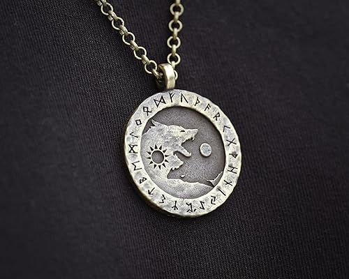 Miniatura 4 de Small Brass Viking Wolf Yin Yang Necklace With Full Set of Runes For Men and Women - Wolves Fenrir Geri Freki Skoll Hati - Viking Norse Protection