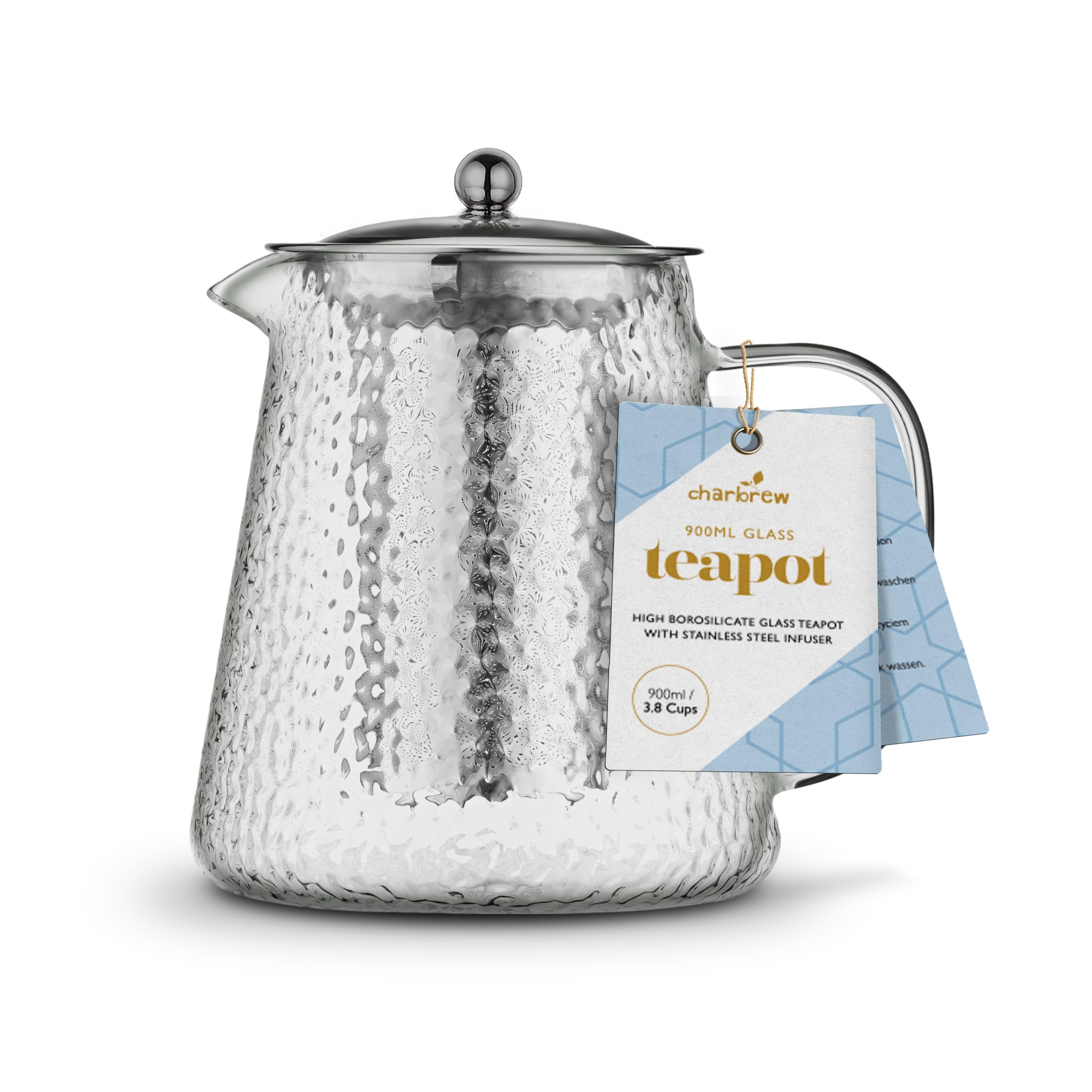 Charbrew 900ml Glass Teapot with Infuser - Silver Hammered Design, Borosilicate Clear Glass - for Loose Leaf Tea, Teabags & Blooming Tea - Serves 4 Cups