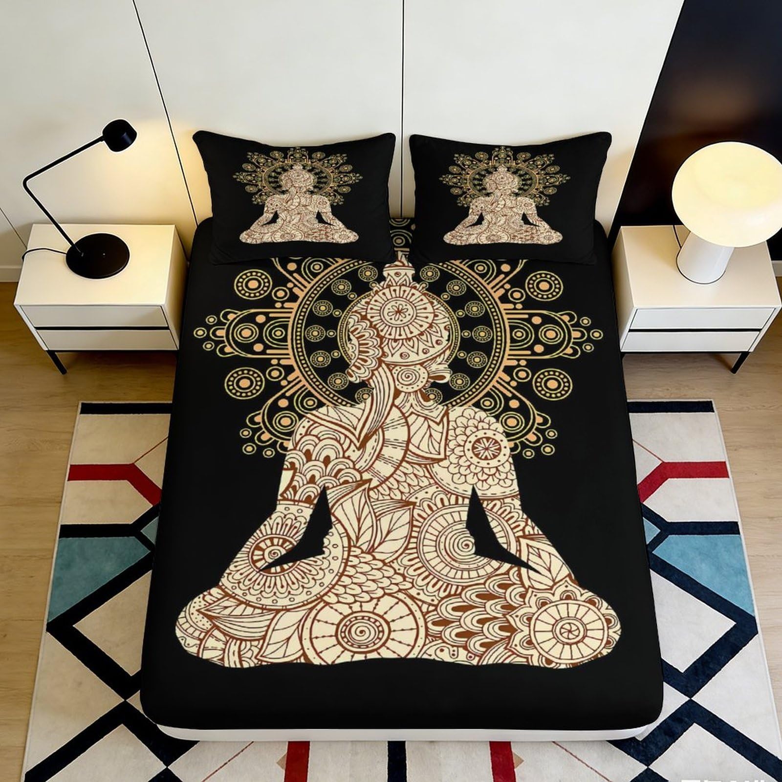 3D Printed Mandala Buddha Fitted Sheet Microfiber Soft Breathable Zen Artwork Bed Cover for Bedroom Dormitory Guest Room Mattress Protection 90x200x25cm