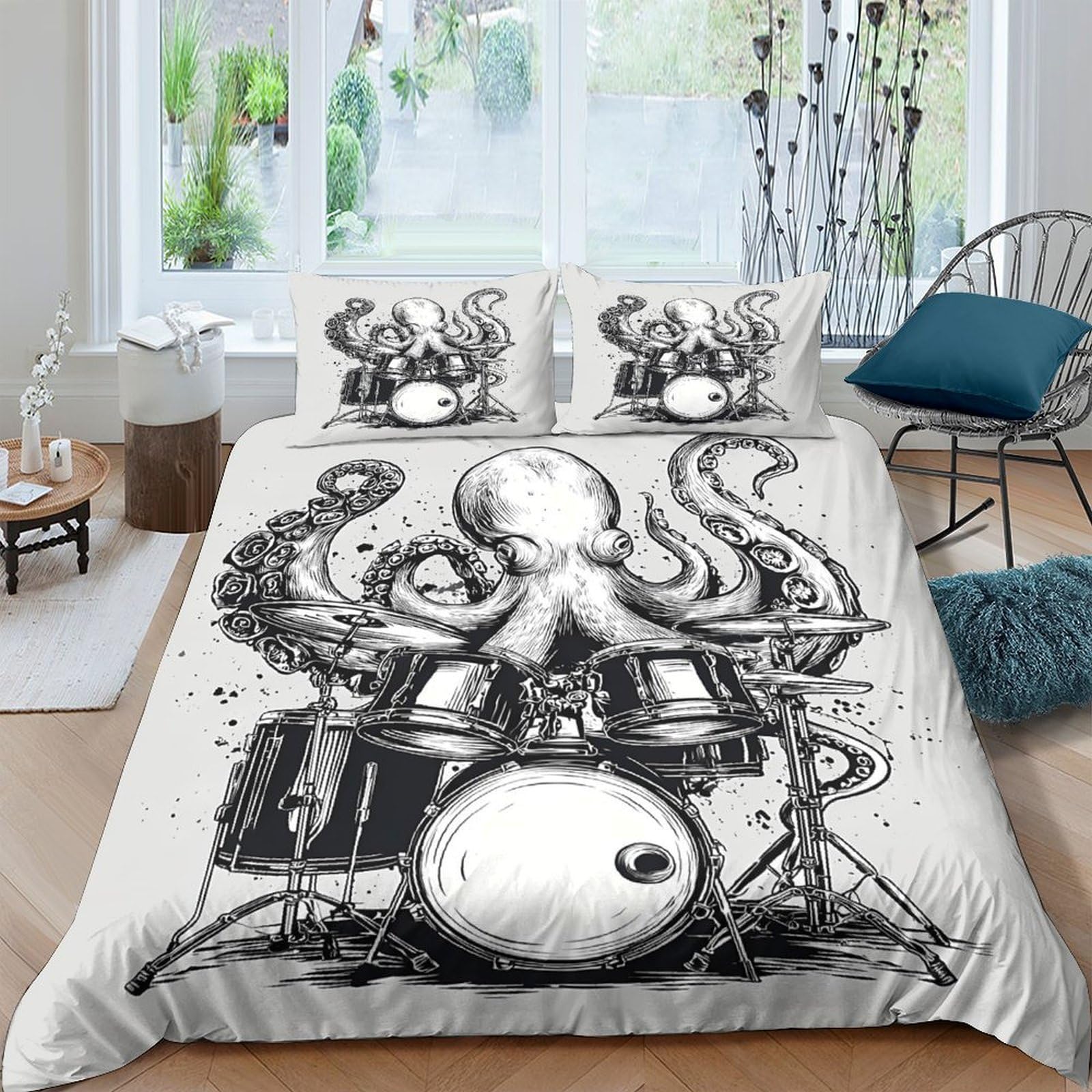 GPLZQXKJNH 3D Printed Octopus Drum Duvet Cover Set Microfiber Soft Breathable Cartoon Bedding Set with 2 Pillowcases for Bedroom Decoration Single（135x200cm）