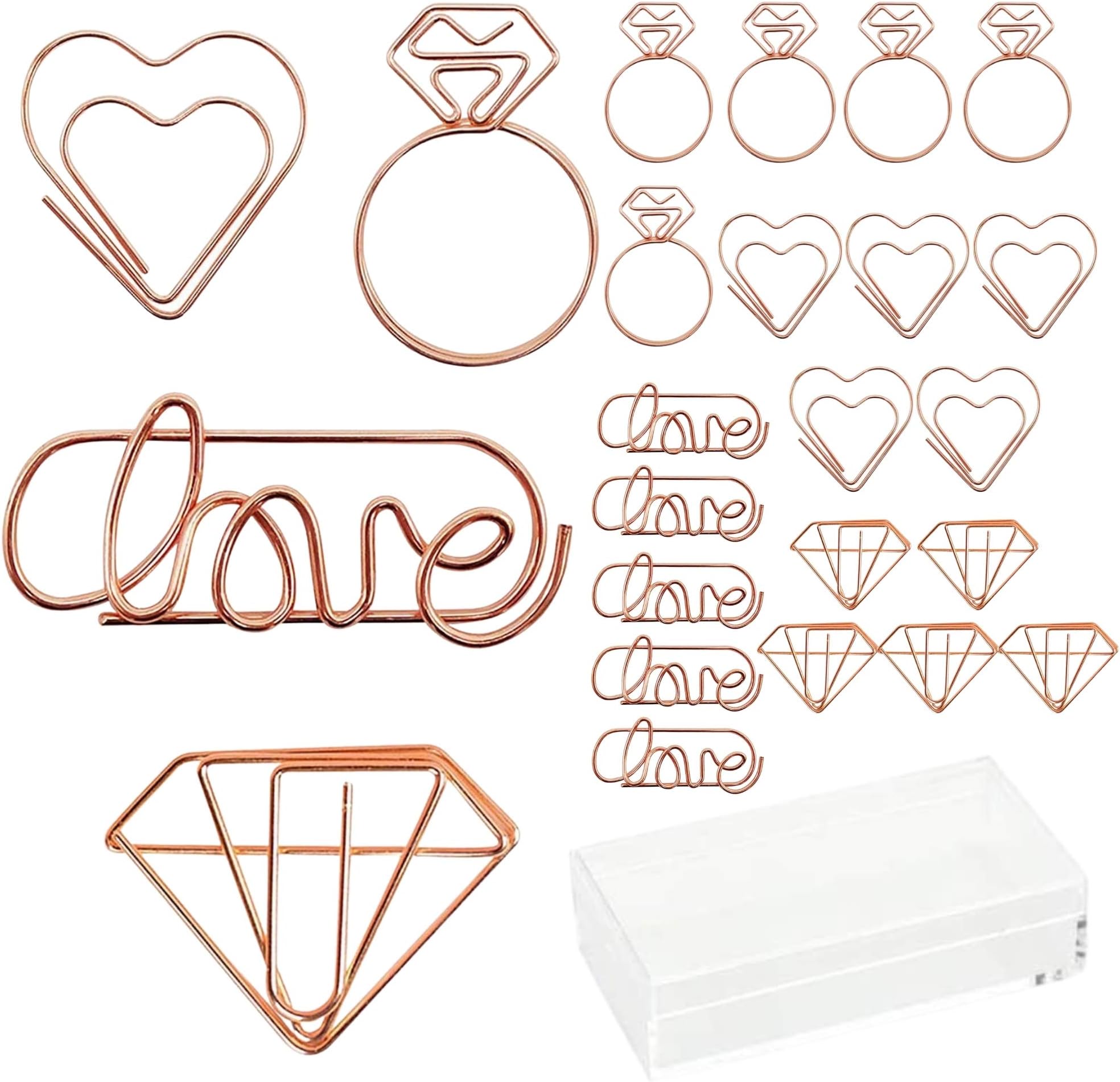 20Pcs Love Heart Diamond Paper Clips With Clear Box Rose Gold And Yellow Gold Funny Cute Paperclips Bookmarks Planner Clips For Fun Office Supplies School Gifts Wedding Decoration,