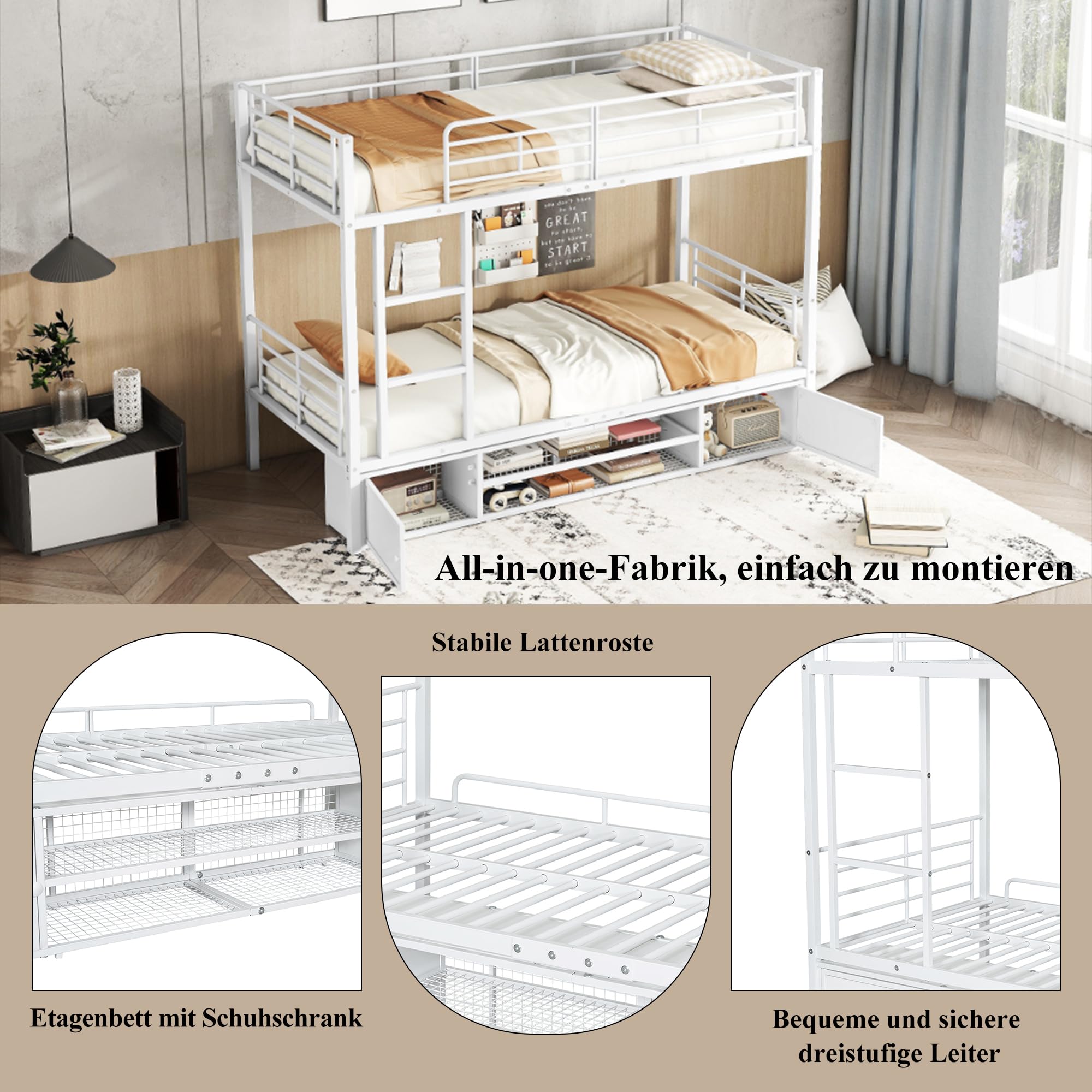 Litera de 90x200 cm con Zapatero Abierto y 2 Armarios, Literas Cama Infantil con Escalera y Protección Anticaída, Literas Infantiles Juveniles, Somier Metálico, Sin Colchón, Blanco