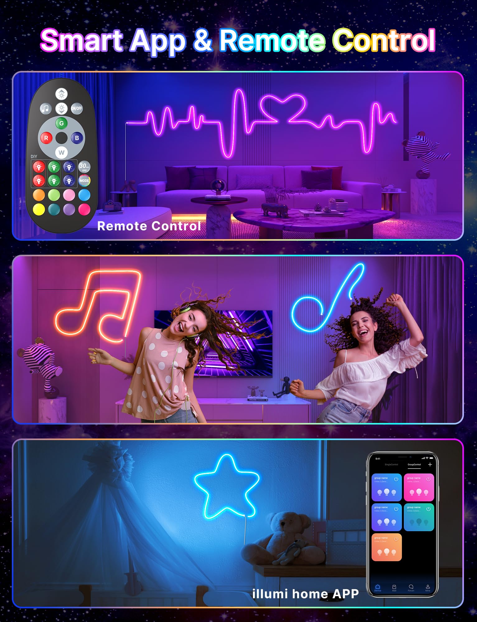 Luces de Tiras LED de neón de 10 m, Music Sync Color Changing RGB LED Neon Light Strip con Control Remoto y de Aplicaciones, Luces de Tiras de LED de neón Flexibles para Dormitorio, habitación, Sala