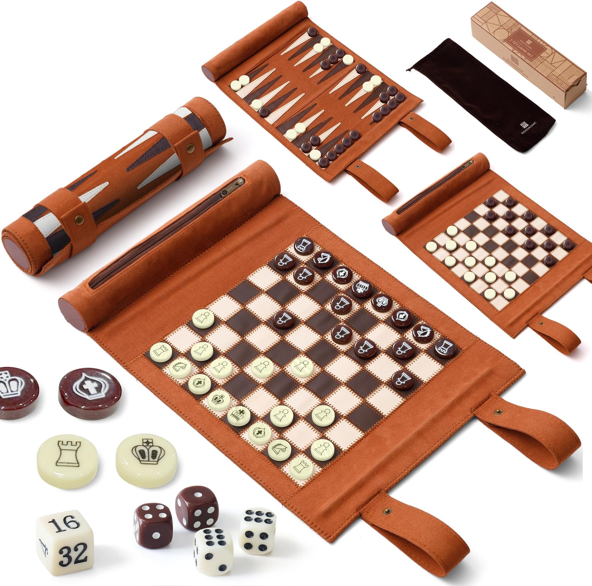 Woodronic Roll-up Chess, Checkers, Backgammon Set