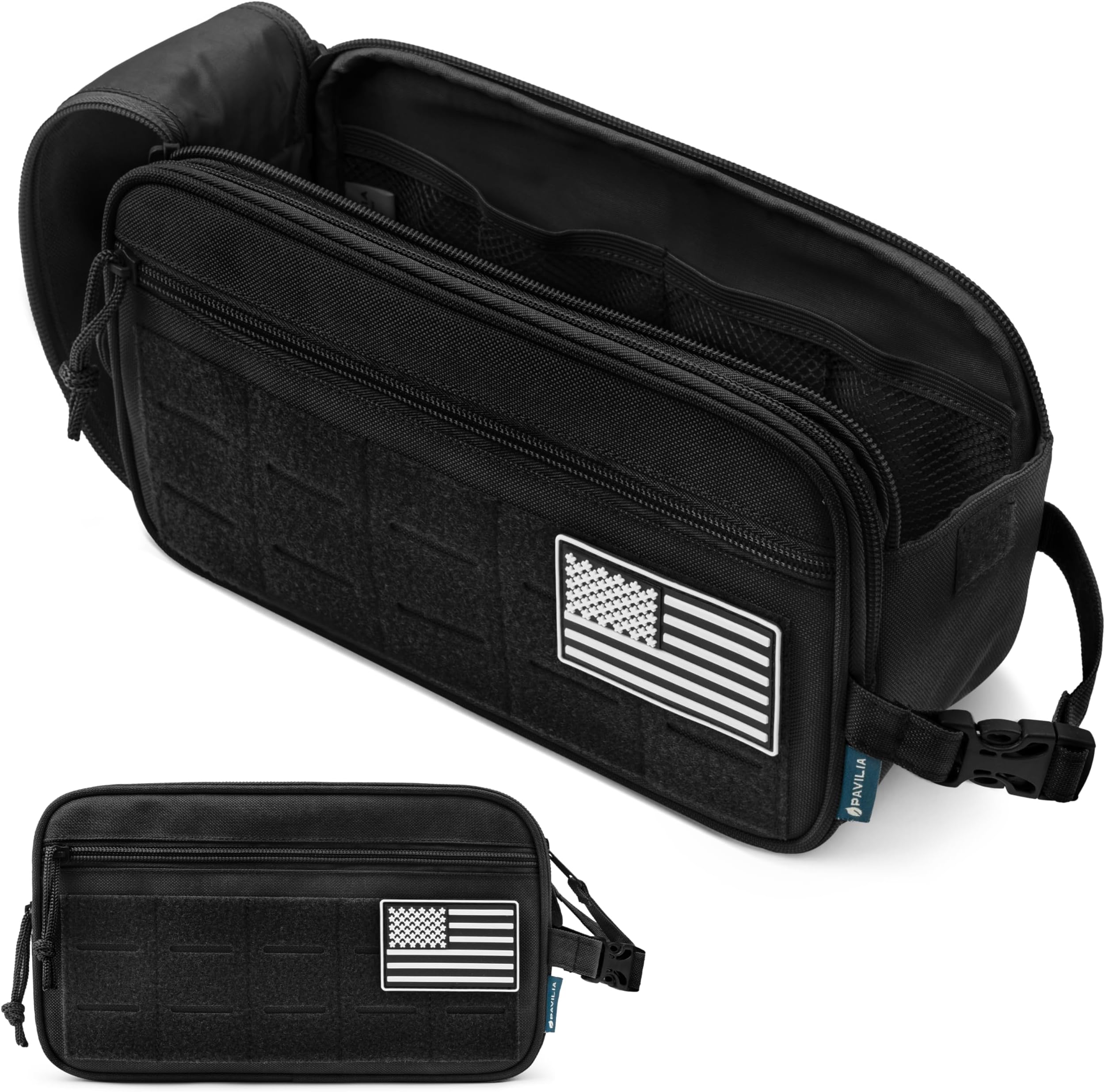 PAVILIA Tactical Toiletry Bag for Men, Travel Hygiene Bag, Military Gear Dopp Kit, Water Resist Molle Accessories Pouch, Mens Shaving Essentials, Gym Bathroom Shower Small Toiletries Tool EDC, Black