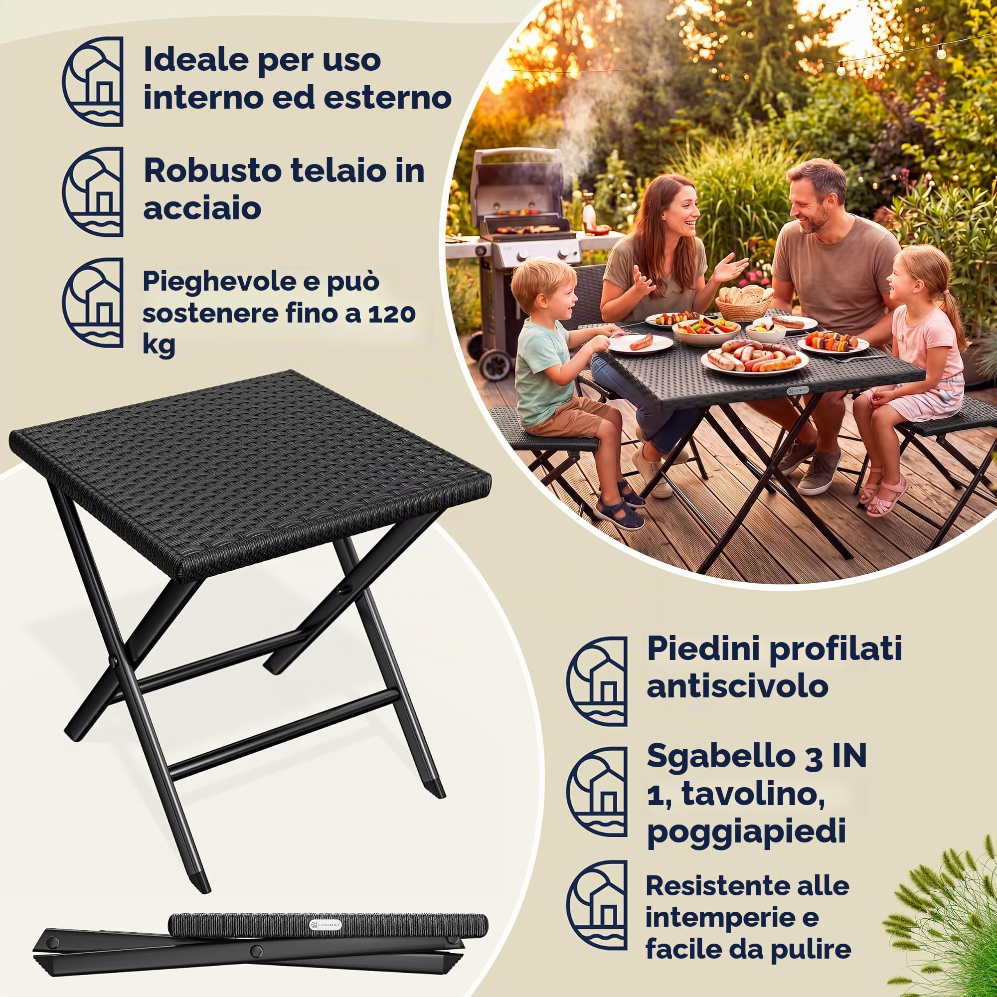 Casaria® Set di 2 Sgabelli Pieghevoli in Polyrattan Max Carico 75 kg 44x40x44cm Giardino Terrazza Balcone Campeggio