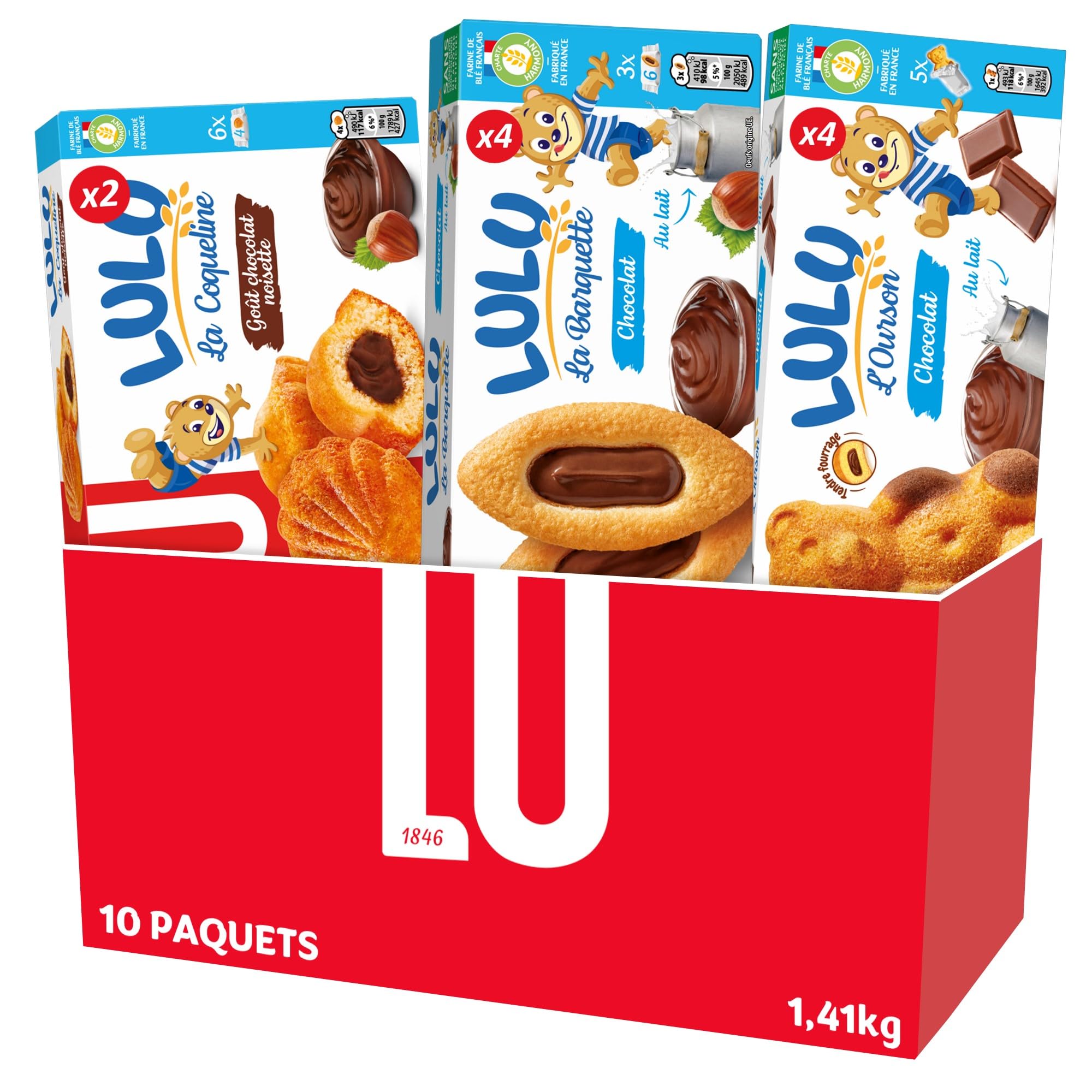 LU - La Boîte Chocolatée Lulu - Lot de Biscuits et Gâteaux - 4 x Lulu La Barquette Chocolat Noisettes - 2 x Lulu La Coqueline Chocolat - 4 x Lulu L'Ourson Chocolat - Lot de 10 Paquets soit 1,41kg