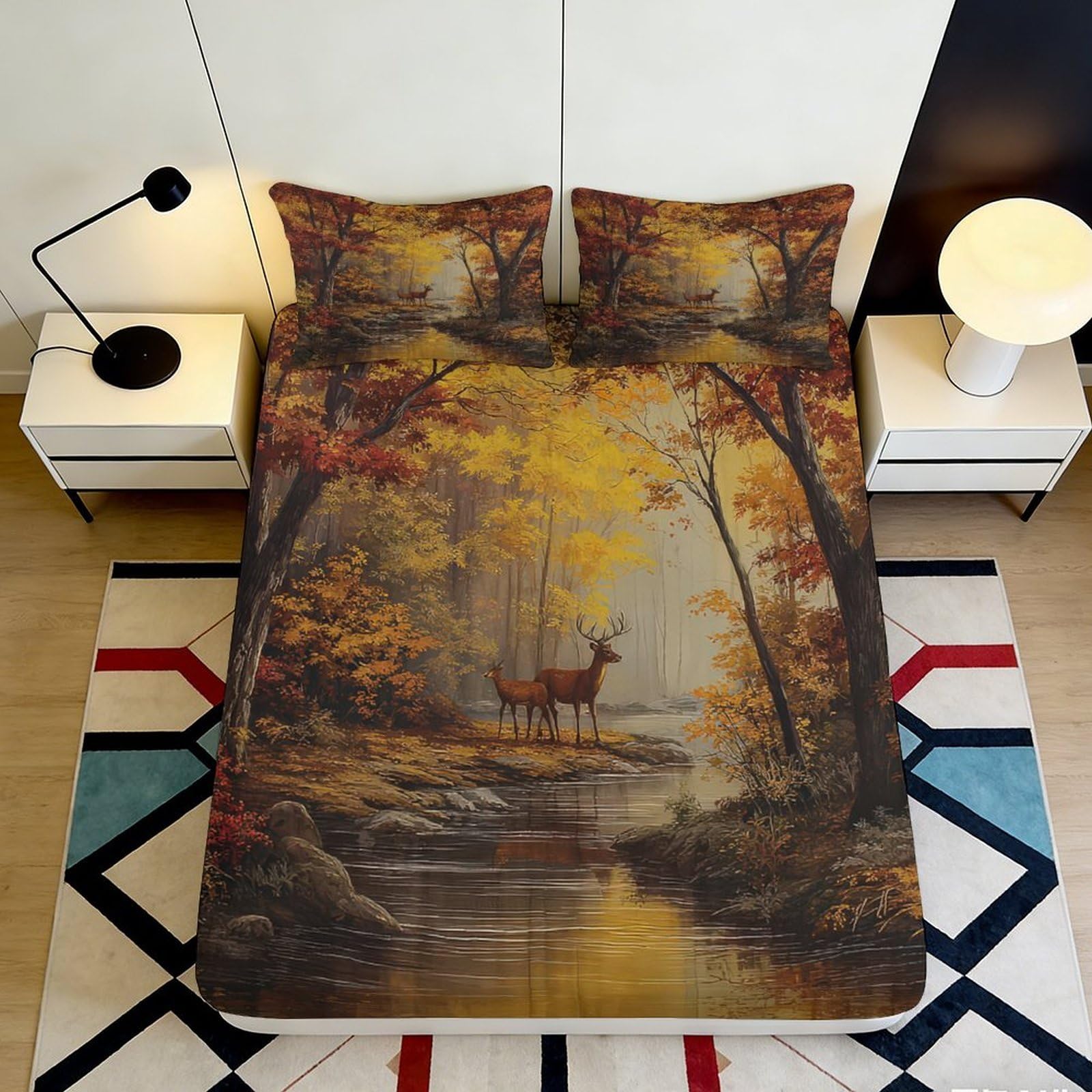3D Printed Autumn Forest Fitted Sheet Microfiber Soft Breathable Deer River Bed Cover for Bedroom Guest Room Decor 90x200x25cm